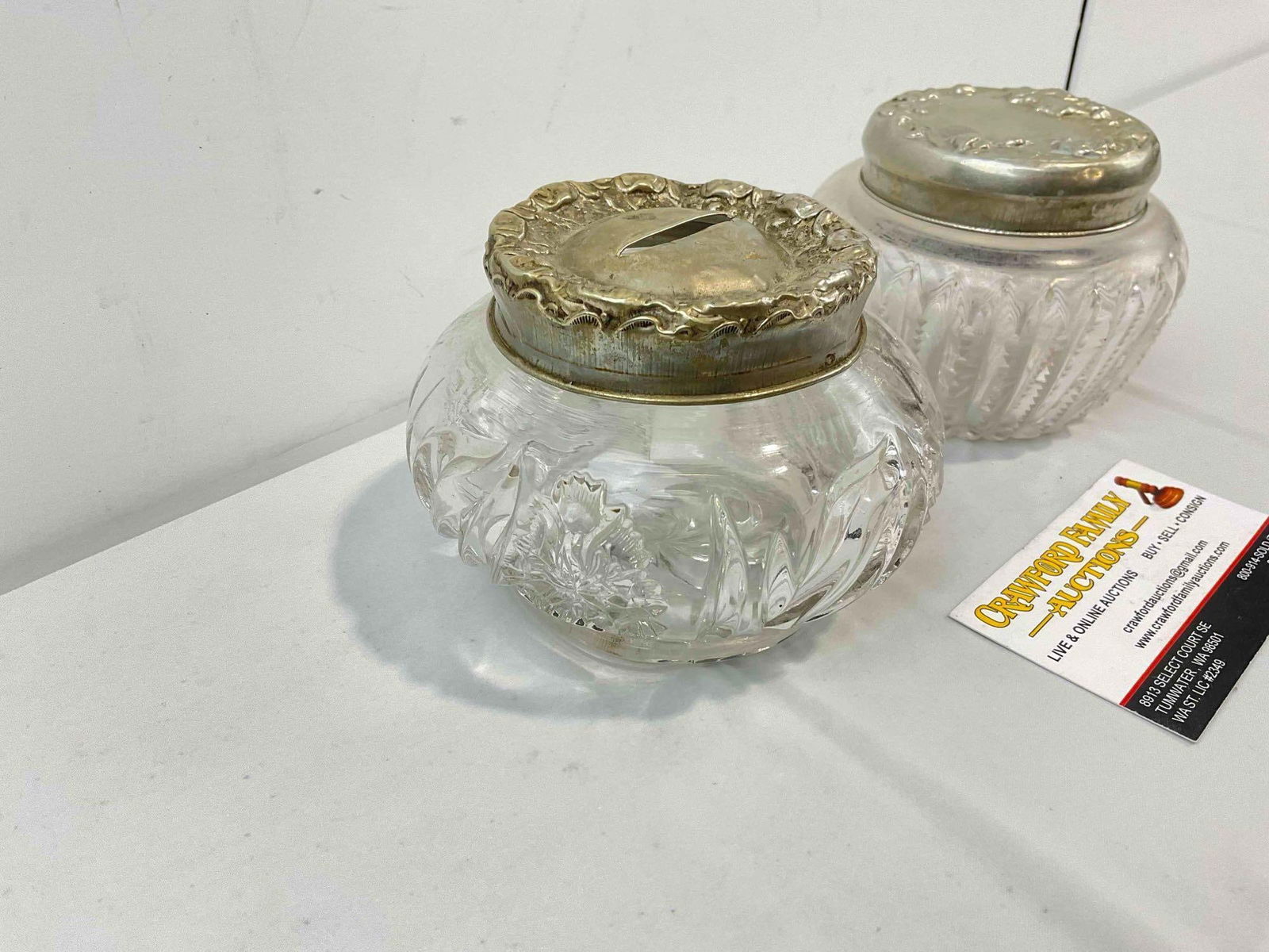 2 pcs Antique Cut Glass Dresser Jars w/ Silver Color Metal Lids, 1x German Silver. Very Good Cond. - 3