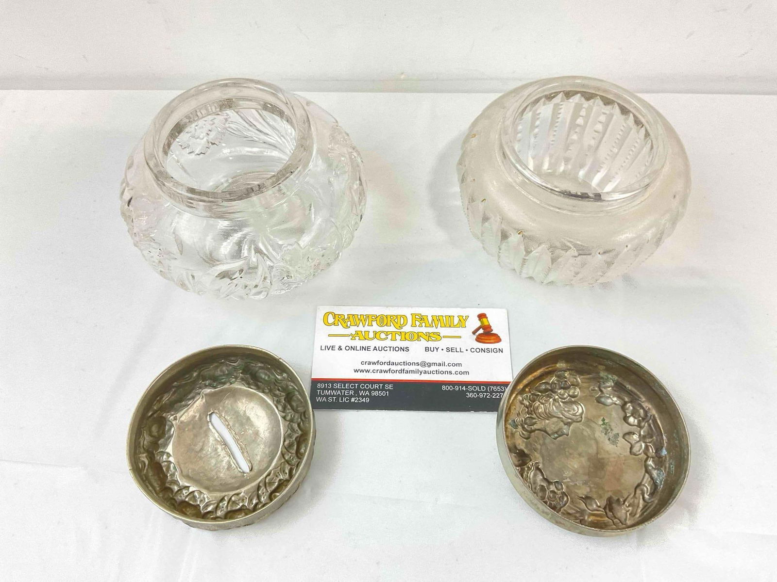 2 pcs Antique Cut Glass Dresser Jars w/ Silver Color Metal Lids, 1x German Silver. Very Good Cond. - 4