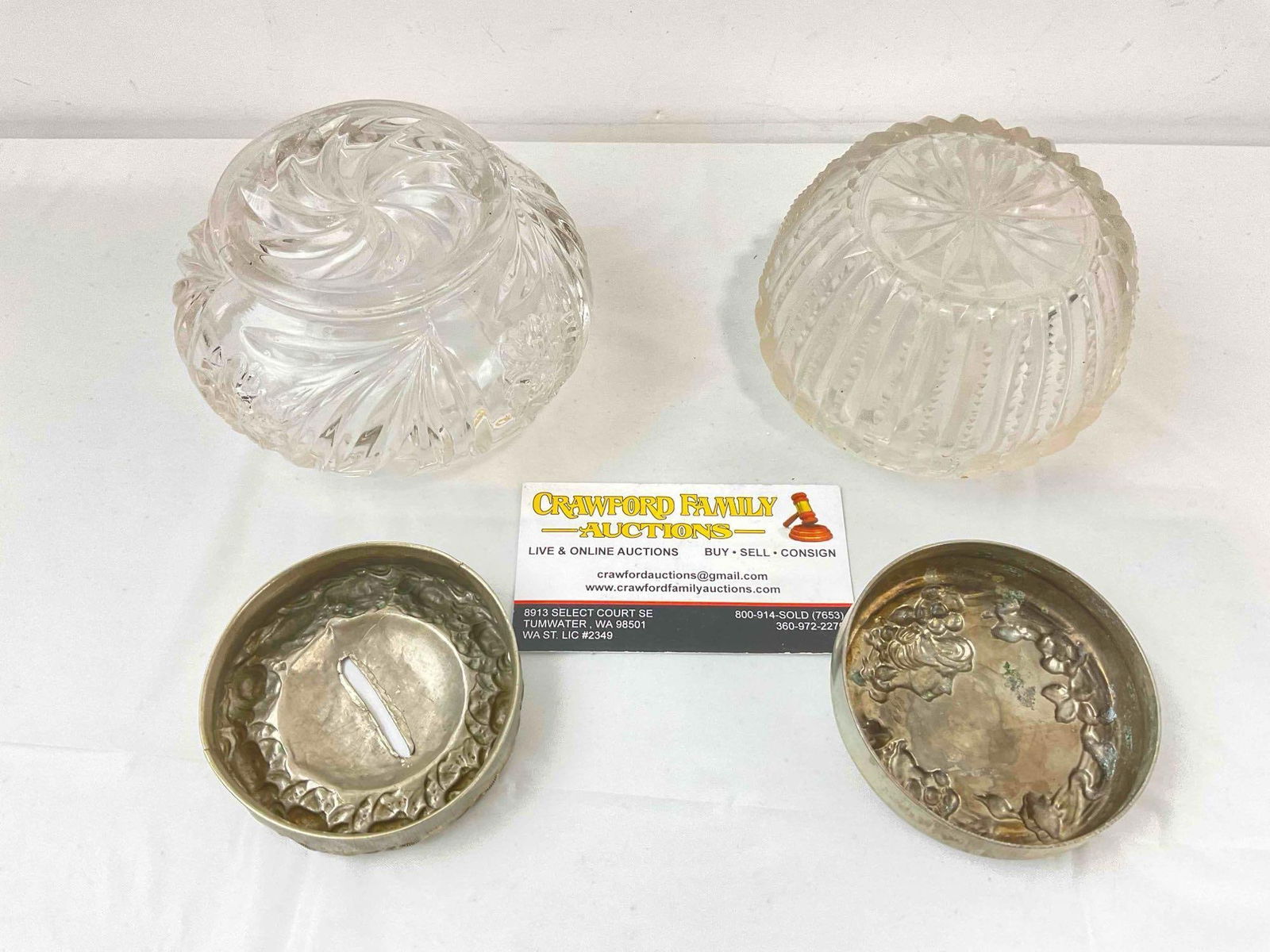 2 pcs Antique Cut Glass Dresser Jars w/ Silver Color Metal Lids, 1x German Silver. Very Good Cond. - 5