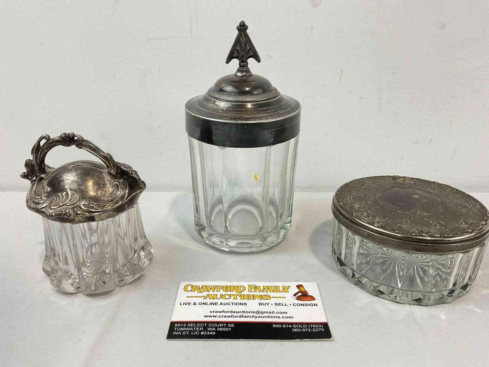3 pcs Vintage Cut Glass Dresser Jars w/ Silver Color Metal Lids. Very Good Condition. See pics. (1 of 5)