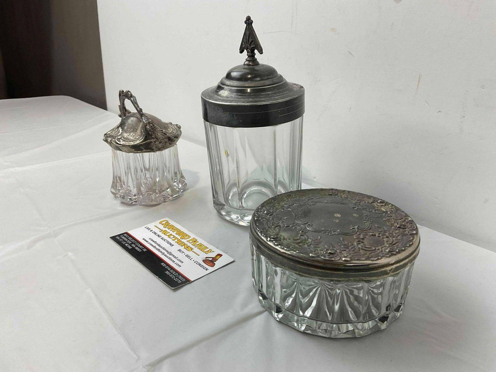 3 pcs Vintage Cut Glass Dresser Jars w/ Silver Color Metal Lids. Very Good Condition. See pics. - 2