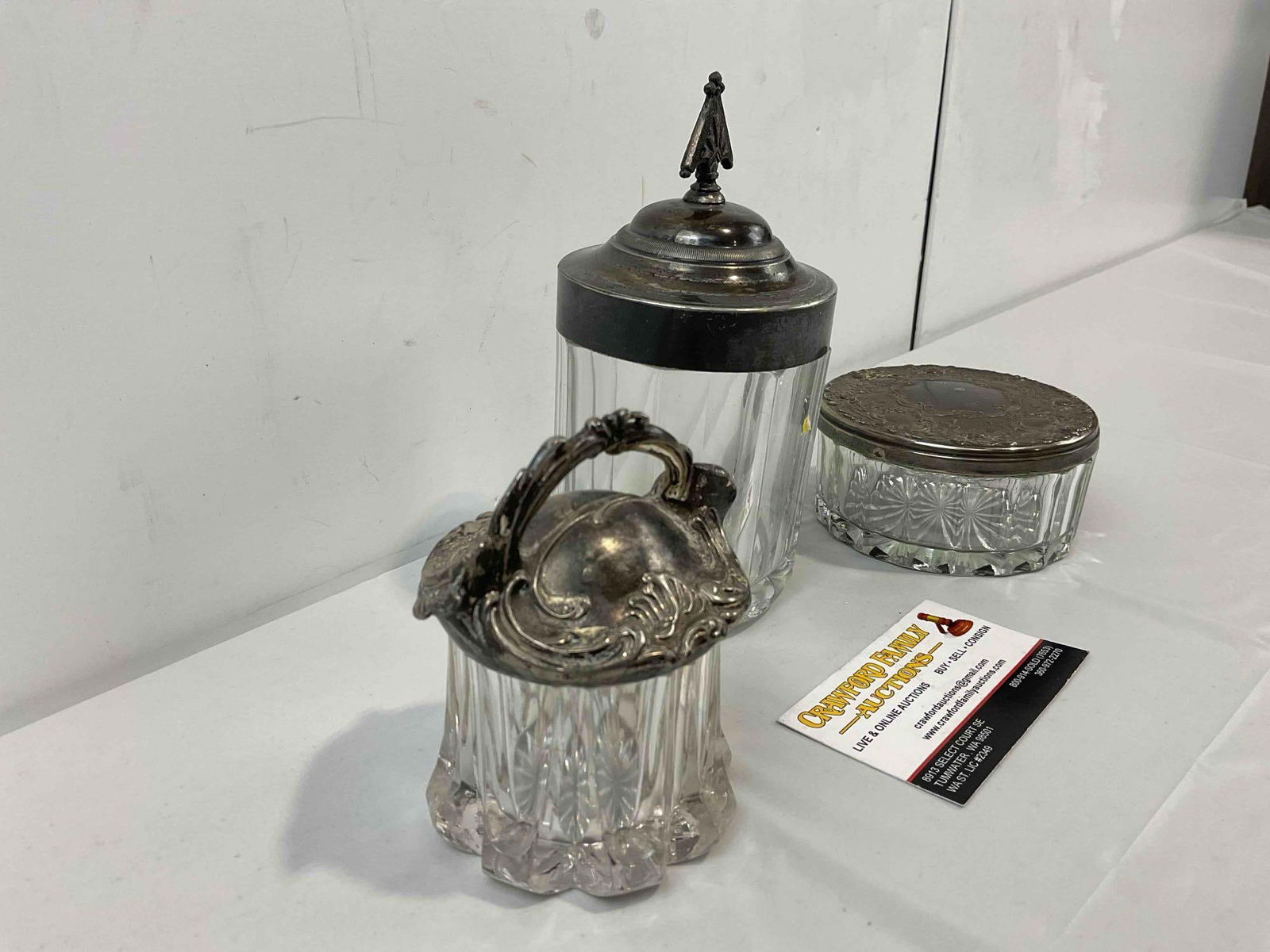 3 pcs Vintage Cut Glass Dresser Jars w/ Silver Color Metal Lids. Very Good Condition. See pics. - 3