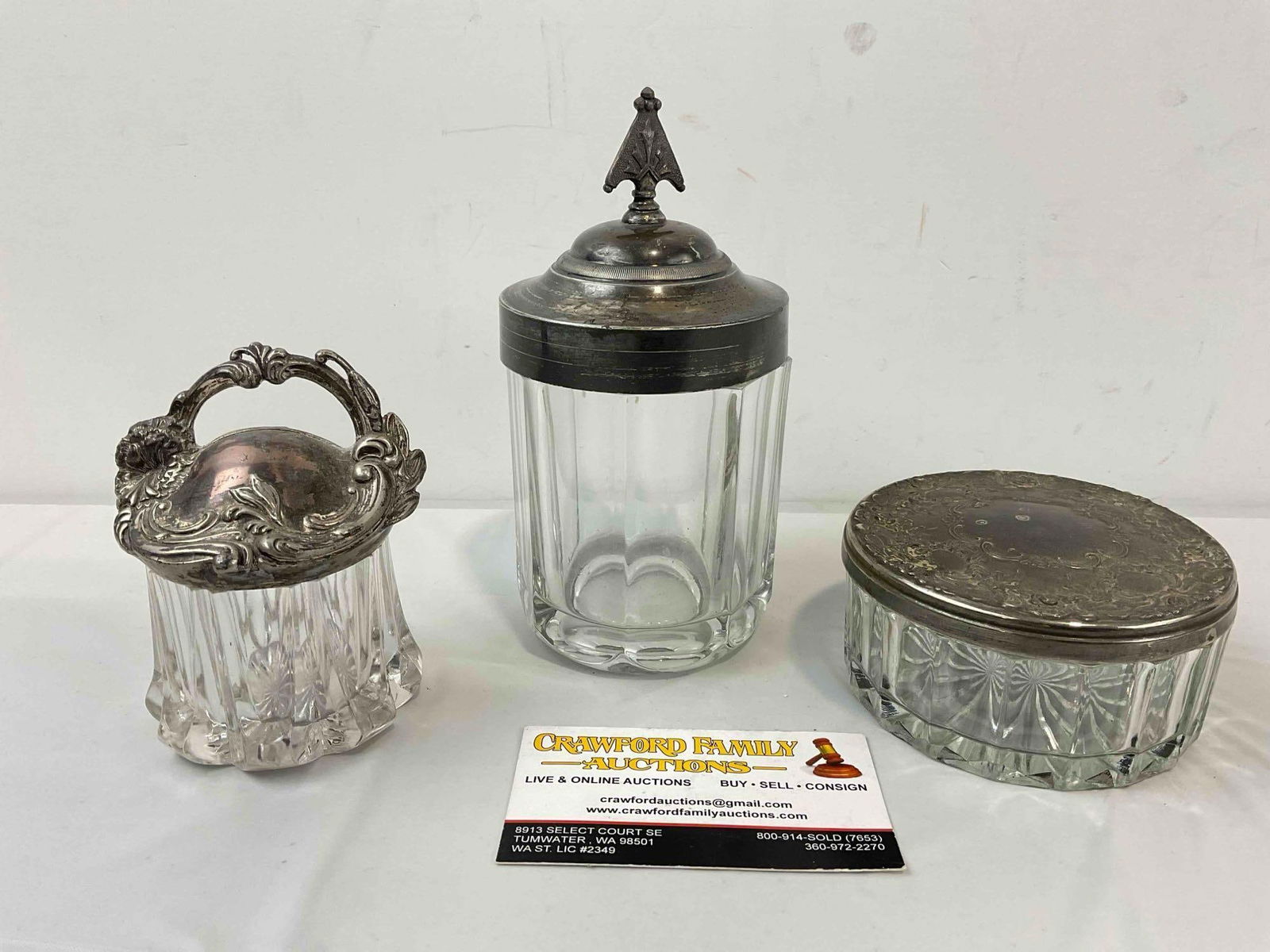 3 pcs Vintage Cut Glass Dresser Jars w/ Silver Color Metal Lids. Very Good Condition. See pics. - 4