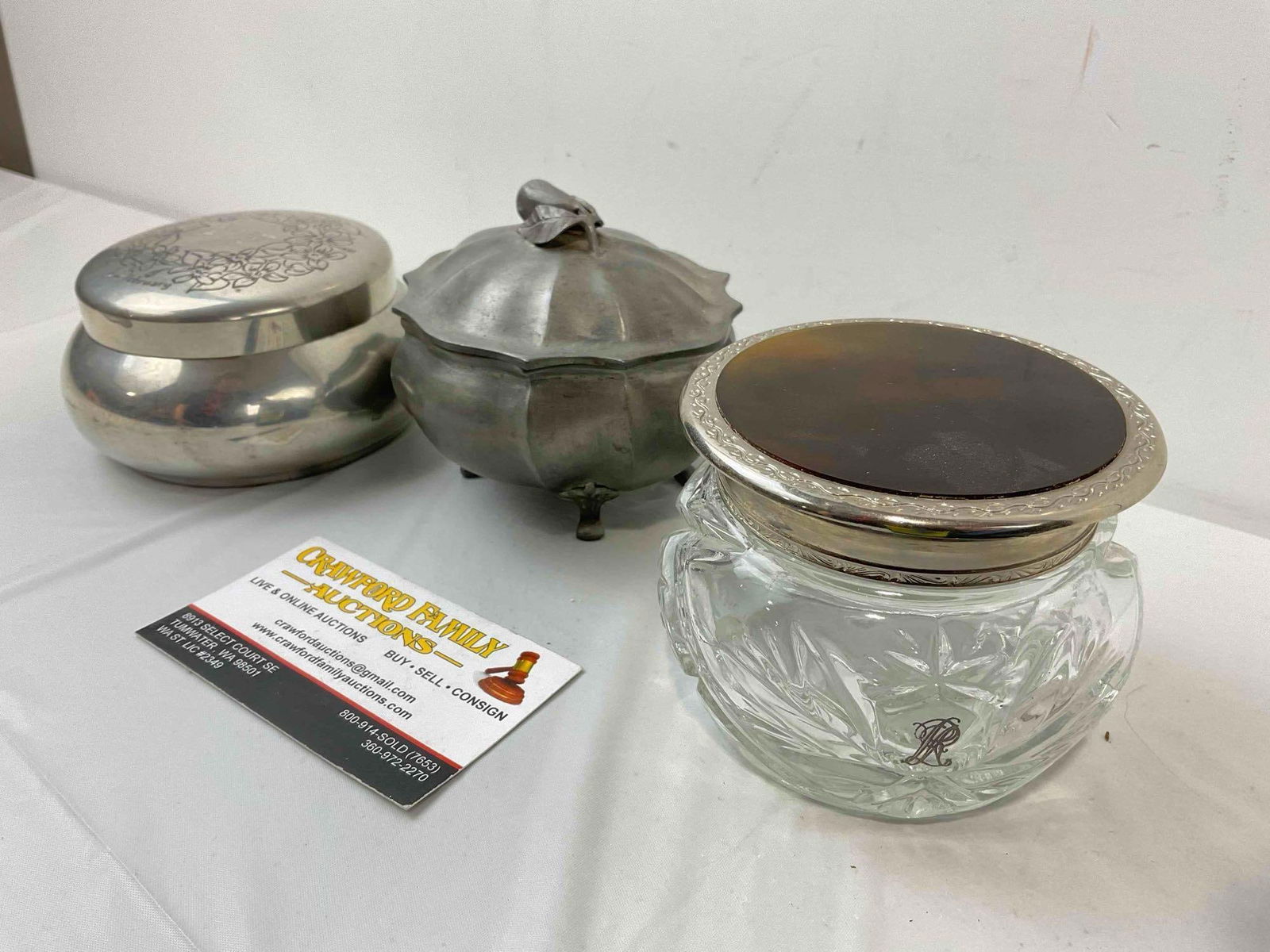 3 pcs Vintage Dresser Boxes, 2x Pewter & 1x Cut Glass. Very Good Condition. See pics. - 3