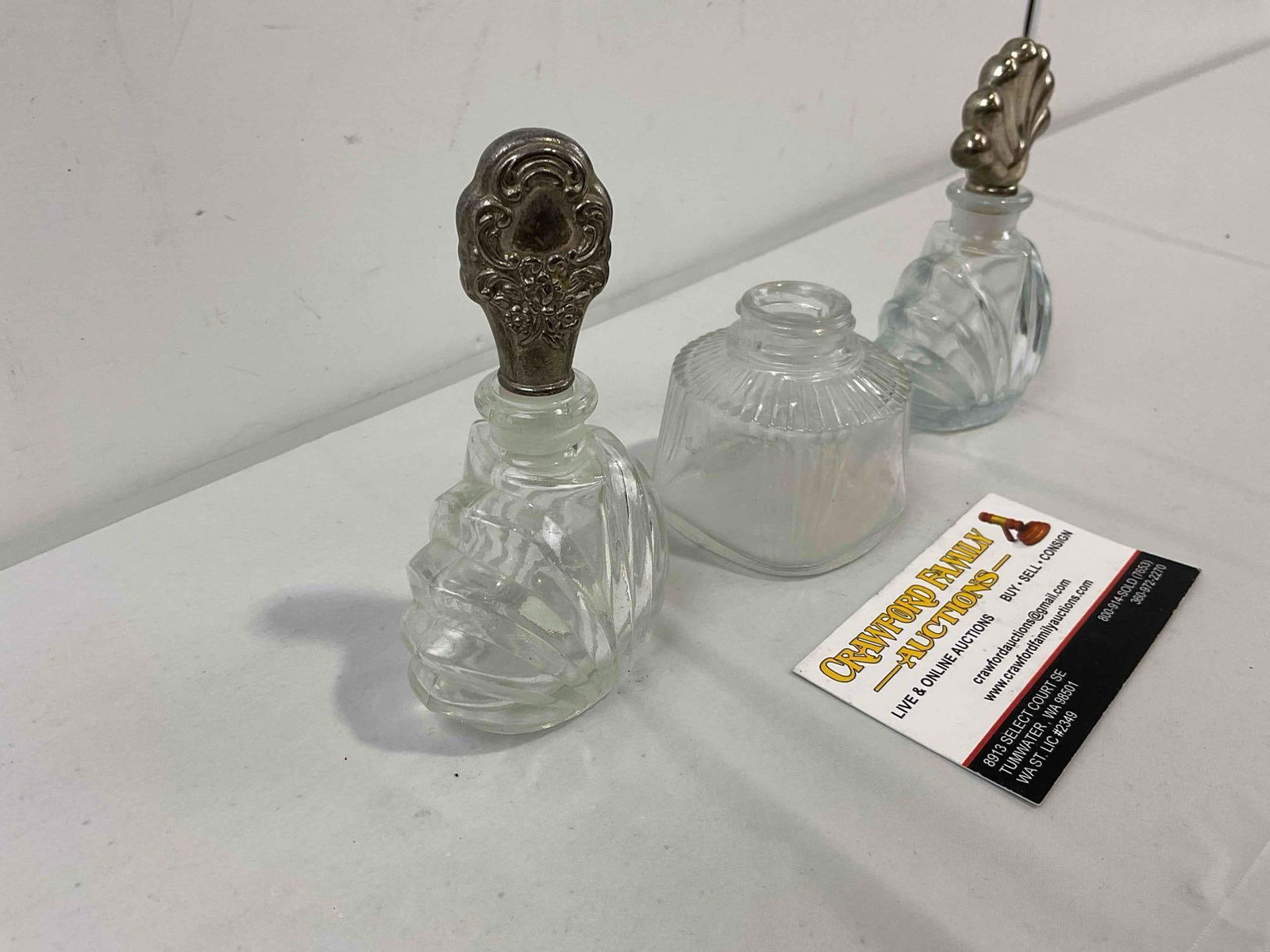3 pcs Vintage Glass Perfume? Bottles, incl. 1x Parker & 2x w/ Silver Color Metal Lids. See pics. - 2