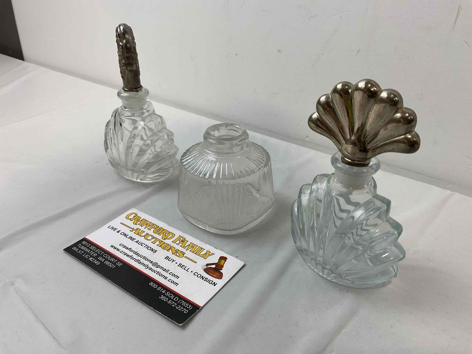 3 pcs Vintage Glass Perfume? Bottles, incl. 1x Parker & 2x w/ Silver Color Metal Lids. See pics. - 3