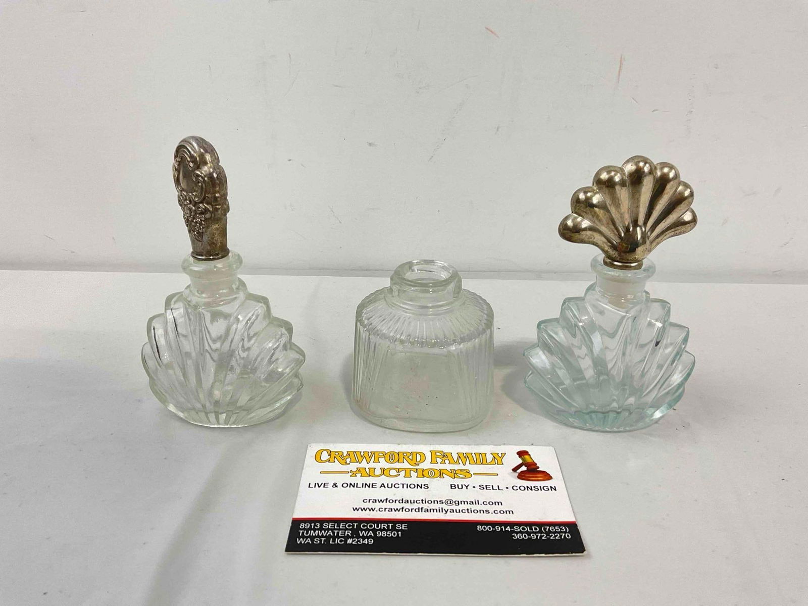 3 pcs Vintage Glass Perfume? Bottles, incl. 1x Parker & 2x w/ Silver Color Metal Lids. See pics. - 4
