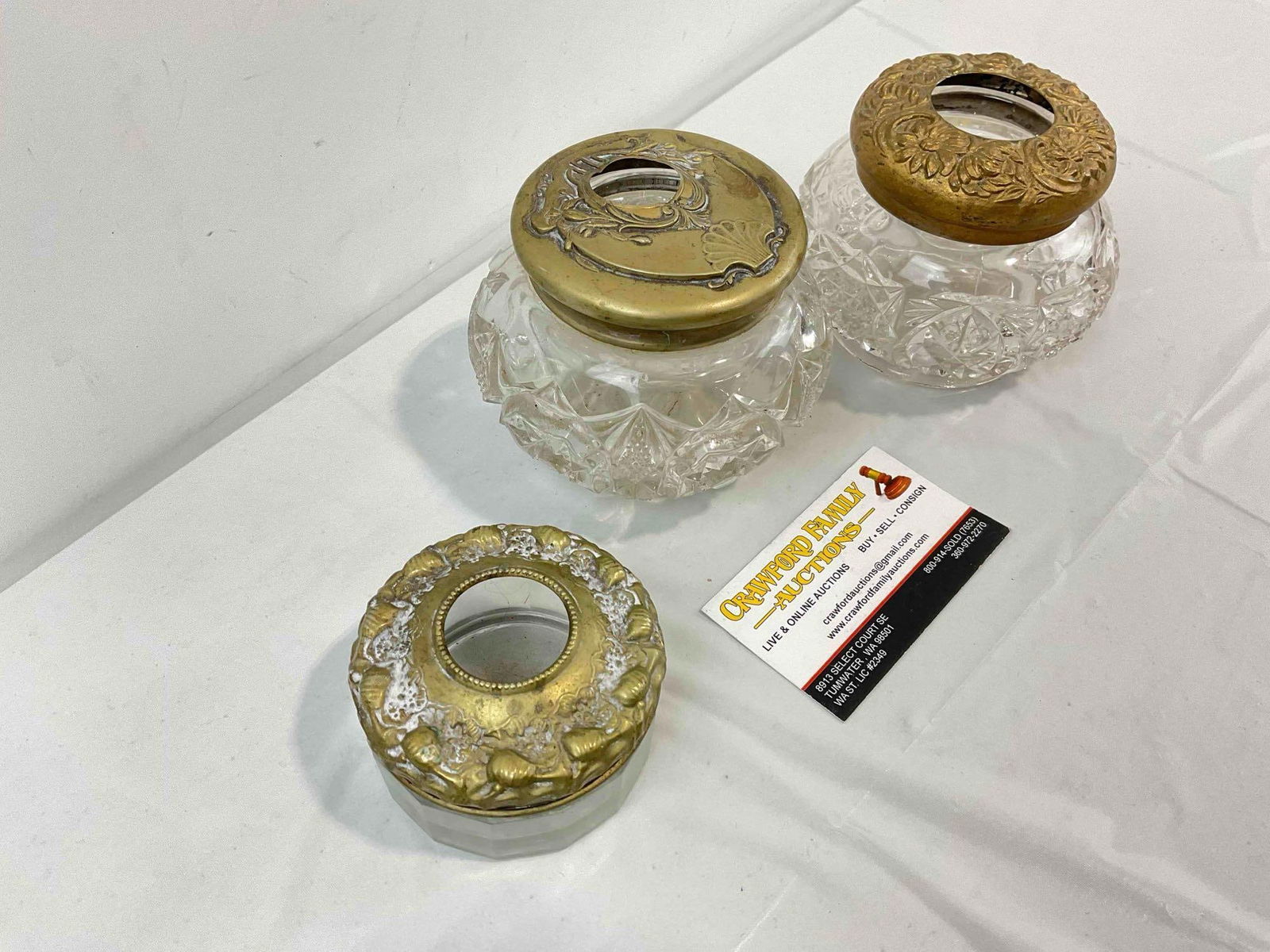 3 pcs Antique Cut Glass Dresser Jars w/ Brass? Metal Lids & Lovely Art Nouveau Designs. See pics. - 2