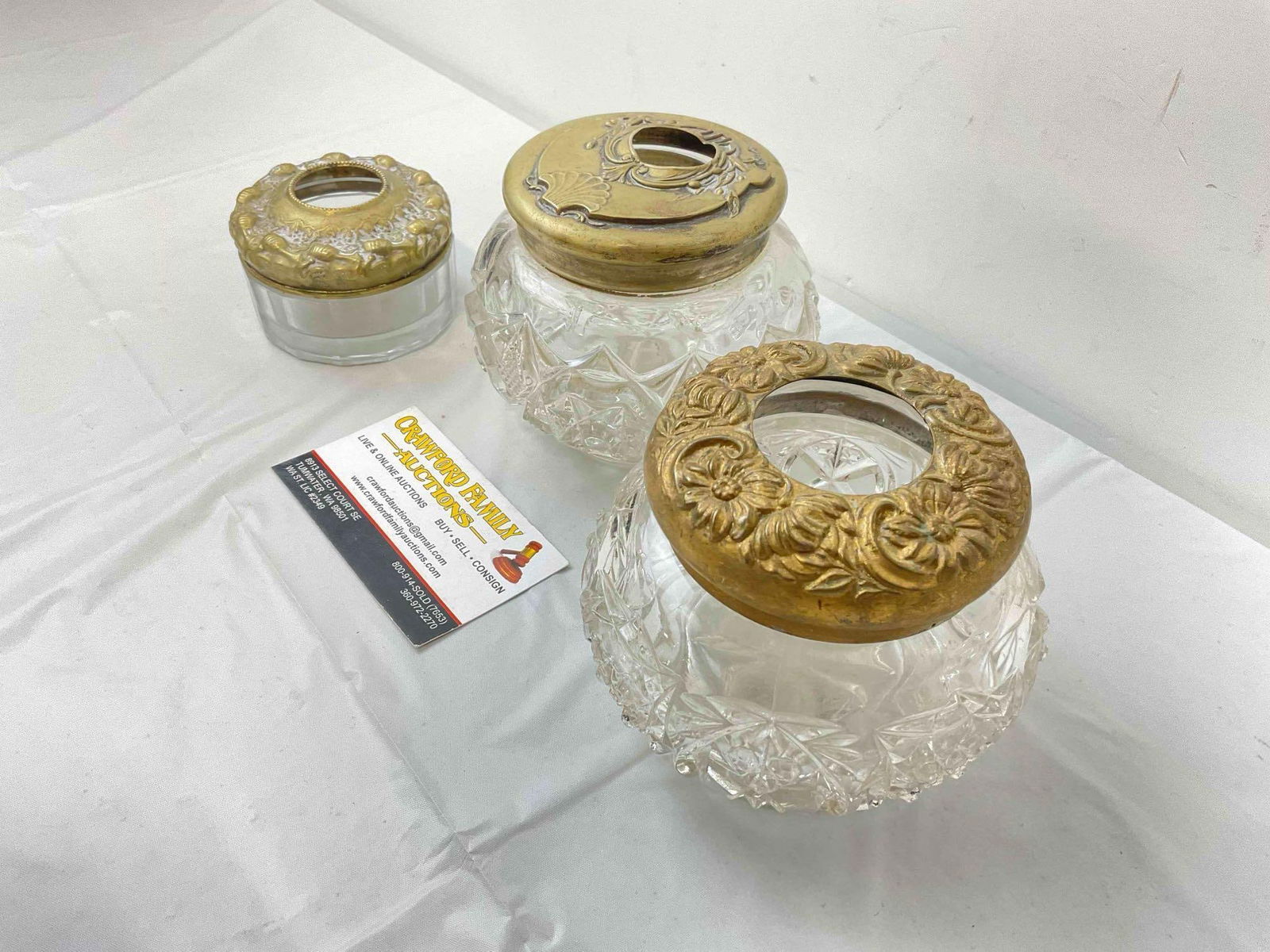 3 pcs Antique Cut Glass Dresser Jars w/ Brass? Metal Lids & Lovely Art Nouveau Designs. See pics. - 3
