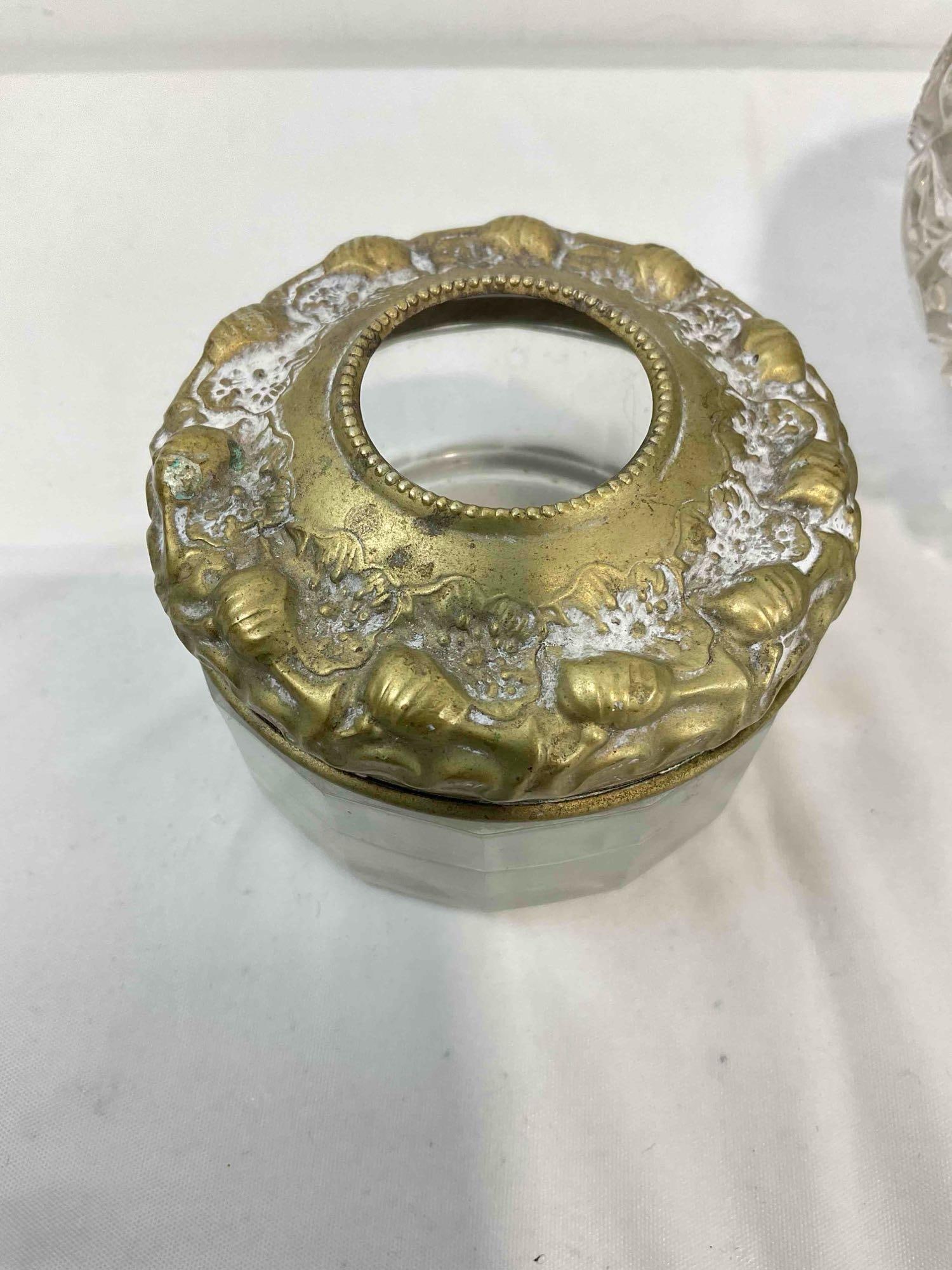 3 pcs Antique Cut Glass Dresser Jars w/ Brass? Metal Lids & Lovely Art Nouveau Designs. See pics. - 4