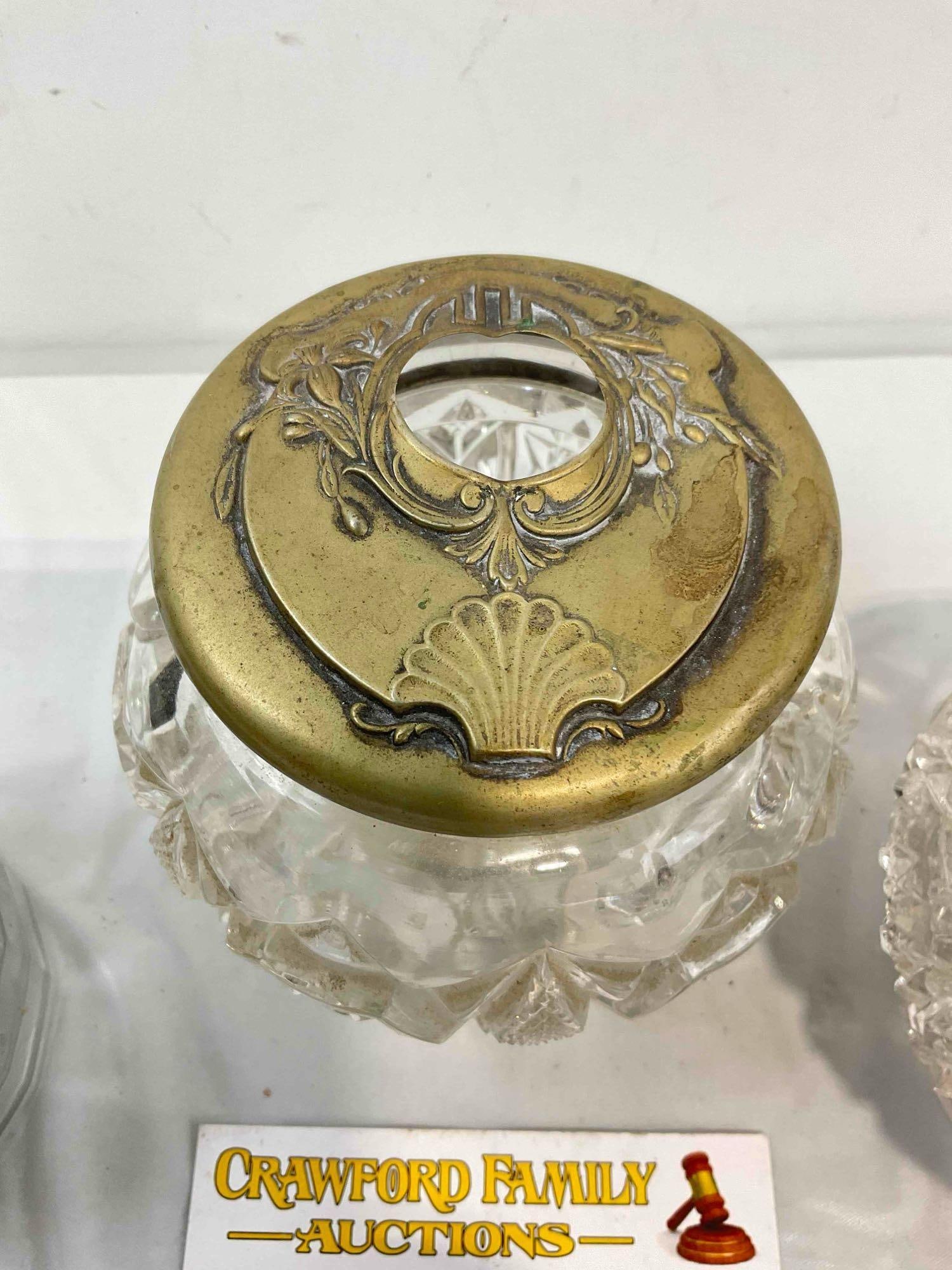 3 pcs Antique Cut Glass Dresser Jars w/ Brass? Metal Lids & Lovely Art Nouveau Designs. See pics. - 5