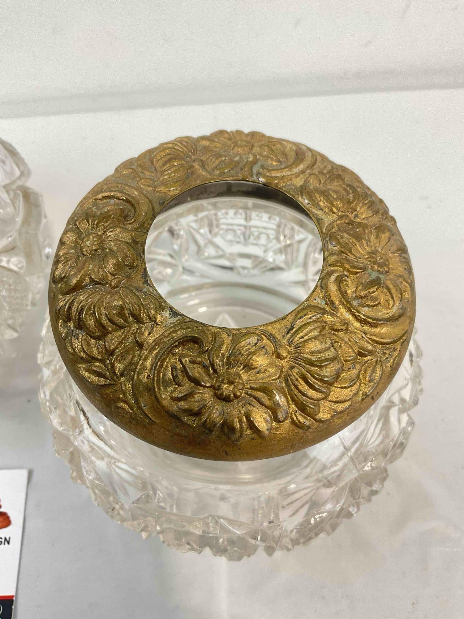 3 pcs Antique Cut Glass Dresser Jars w/ Brass? Metal Lids & Lovely Art Nouveau Designs. See pics. - 6