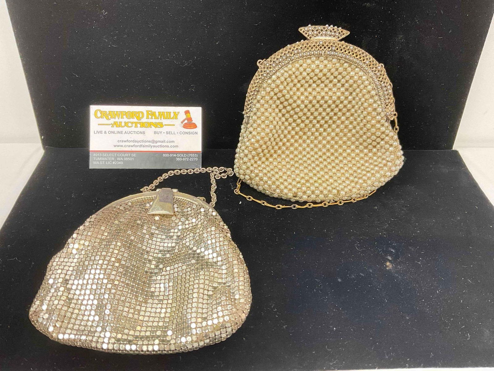 2 pcs Vintage Beaded Mesh Ladies Evening Bags, incl. 1x Whiting & Davis Co. & 1x w/ Faux Pearls. (1 of 8)