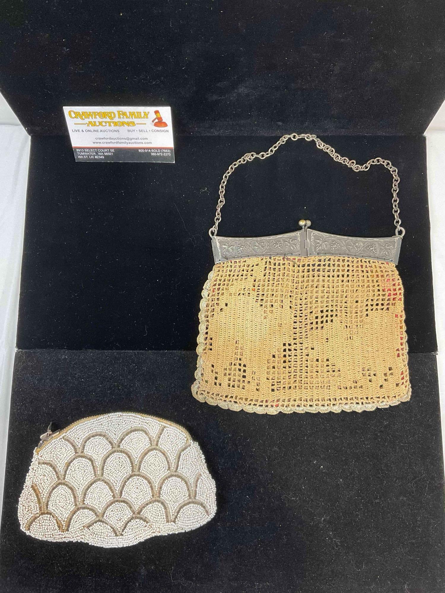 2 pcs Vintage Ladies Evening Bags, incl. 1x Beaded Wallet & 1x Woven Purse w/ Metal Frame. (1 of 5)