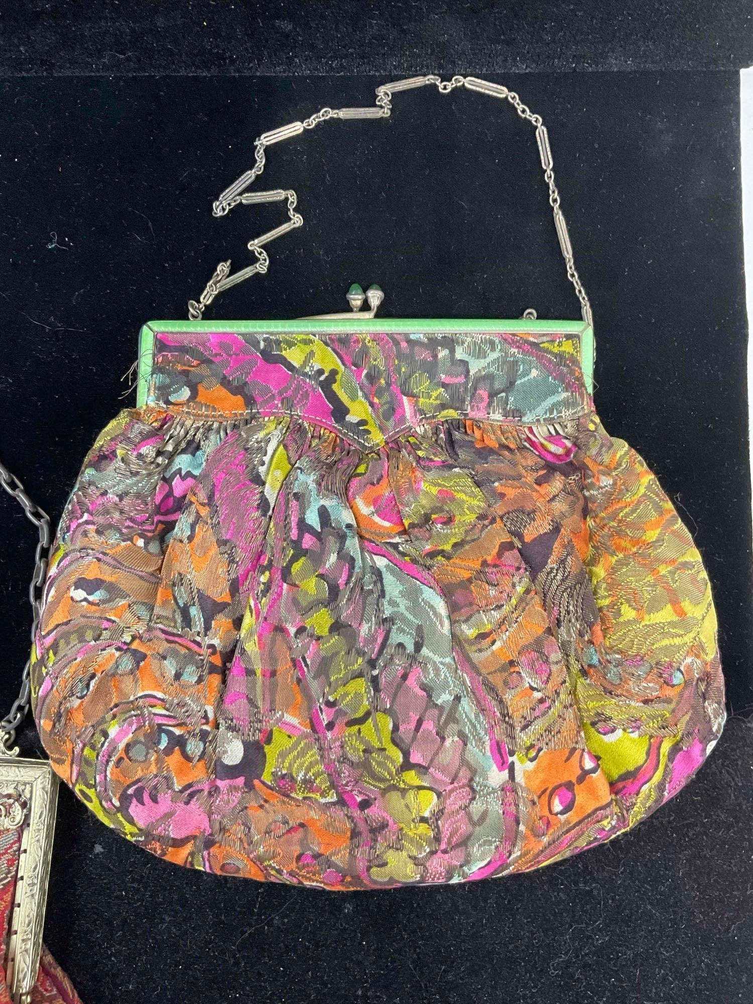 2 pcs Vintage Colorful Ladies Evening Purses Made w/ Antique Frames, incl. 1x Enameled. - 9