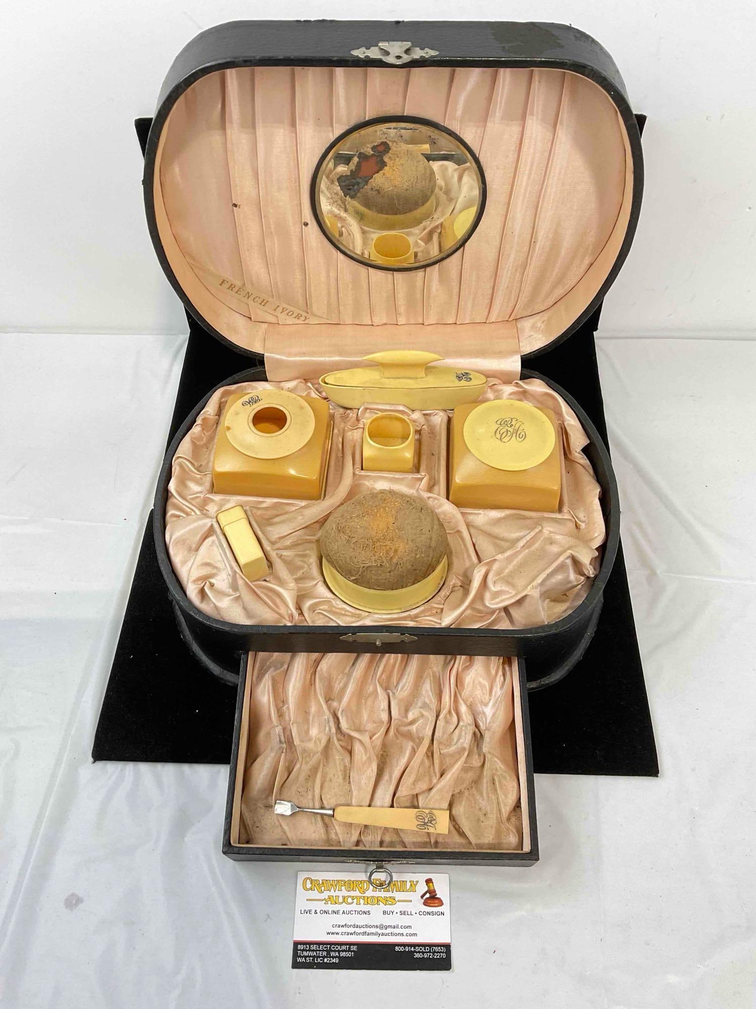 Vintage "French Ivory" 7 Piece Celluloid Vanity Dresser Set in Case. Good Condition. See pics. (1 of 13)