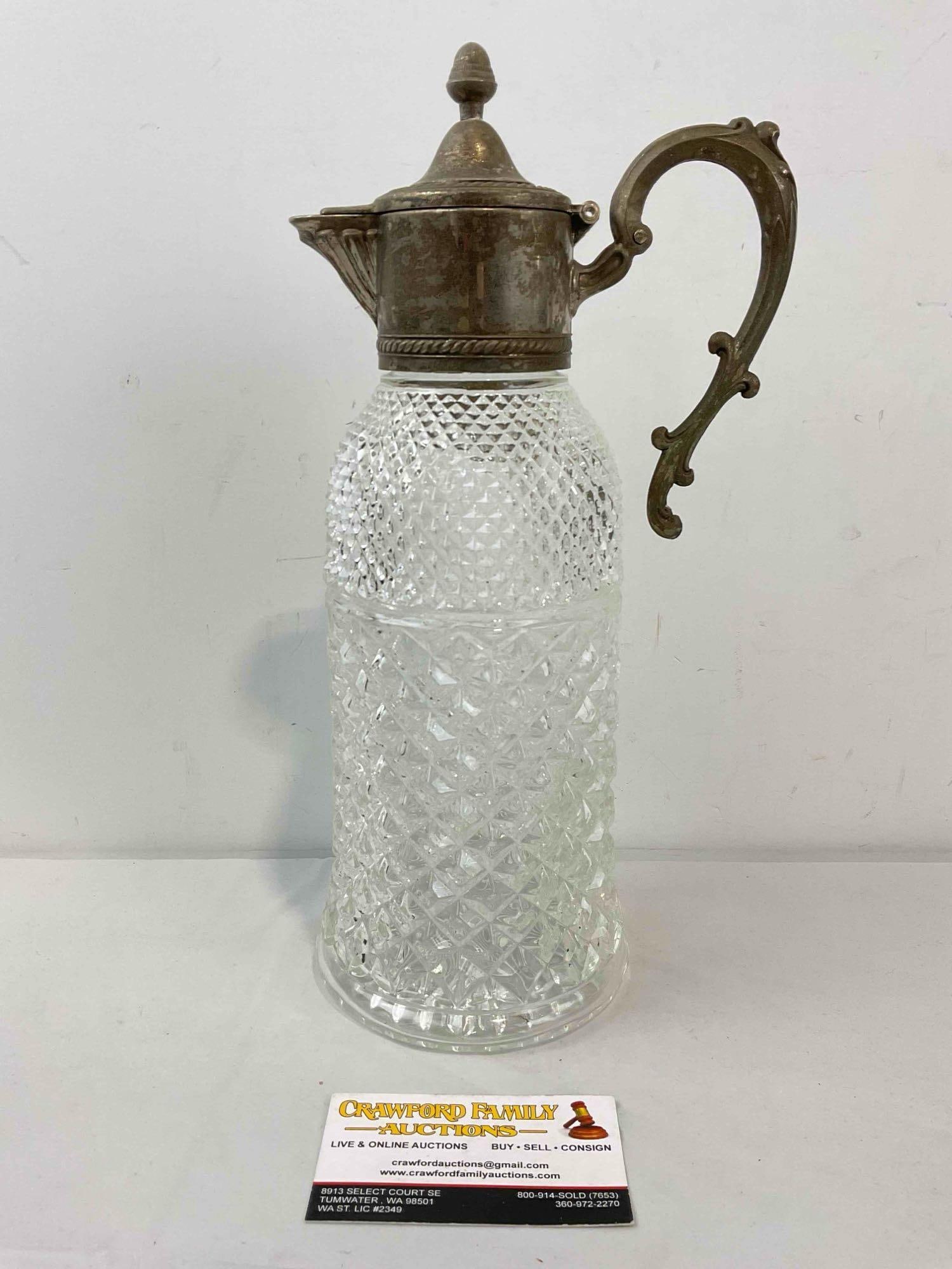 Vintage Crystal Glass Carafe Pitcher w/ Diamond Pattern & Silver Color Metal Lid. See pics. (1 of 8)