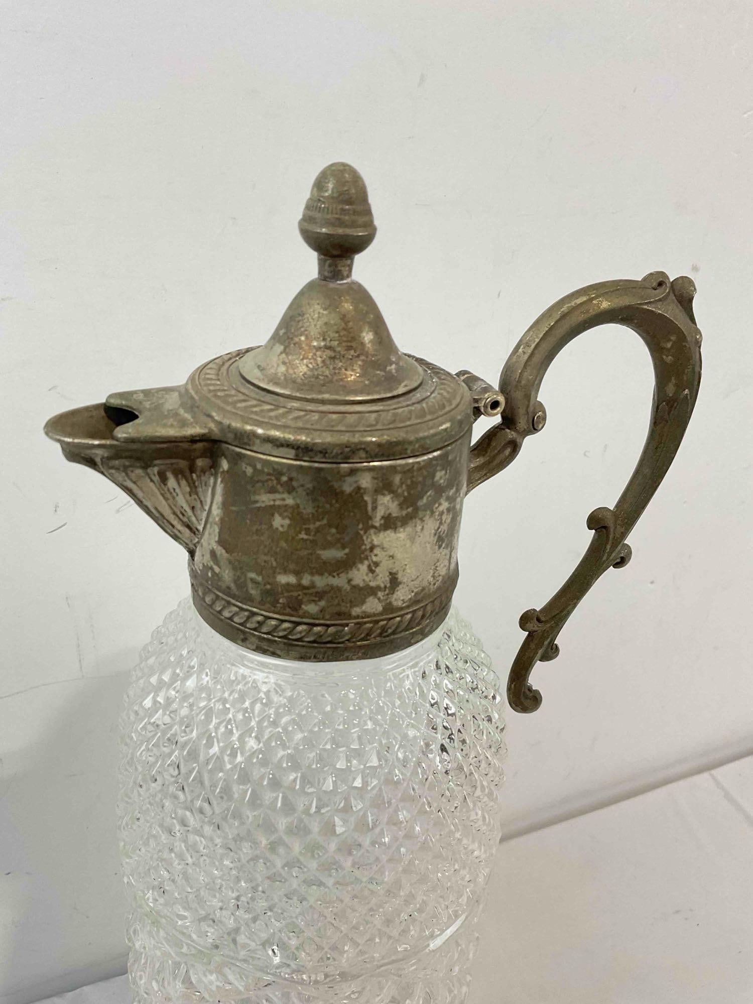 Vintage Crystal Glass Carafe Pitcher w/ Diamond Pattern & Silver Color Metal Lid. See pics. - 2