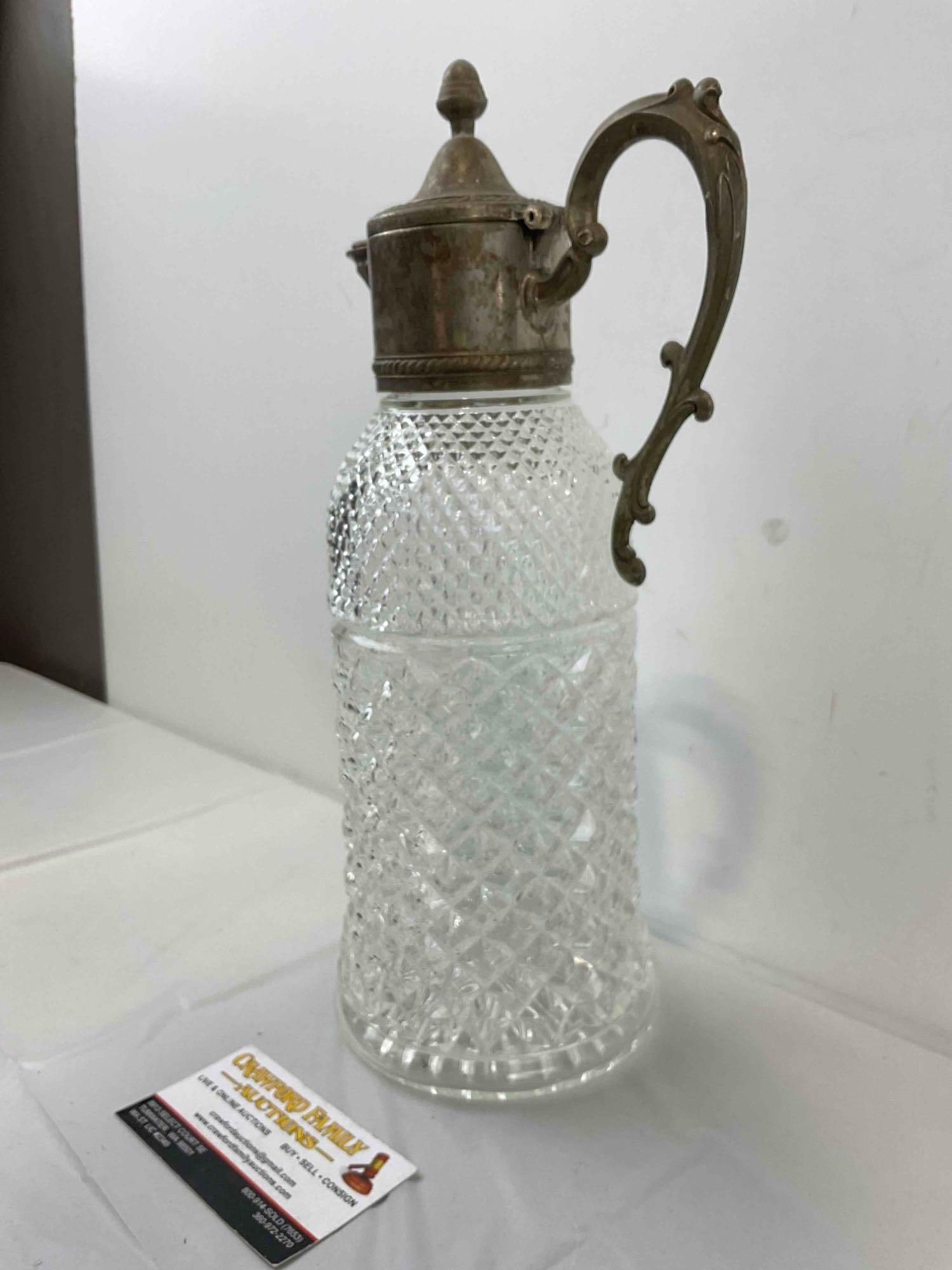 Vintage Crystal Glass Carafe Pitcher w/ Diamond Pattern & Silver Color Metal Lid. See pics. - 4