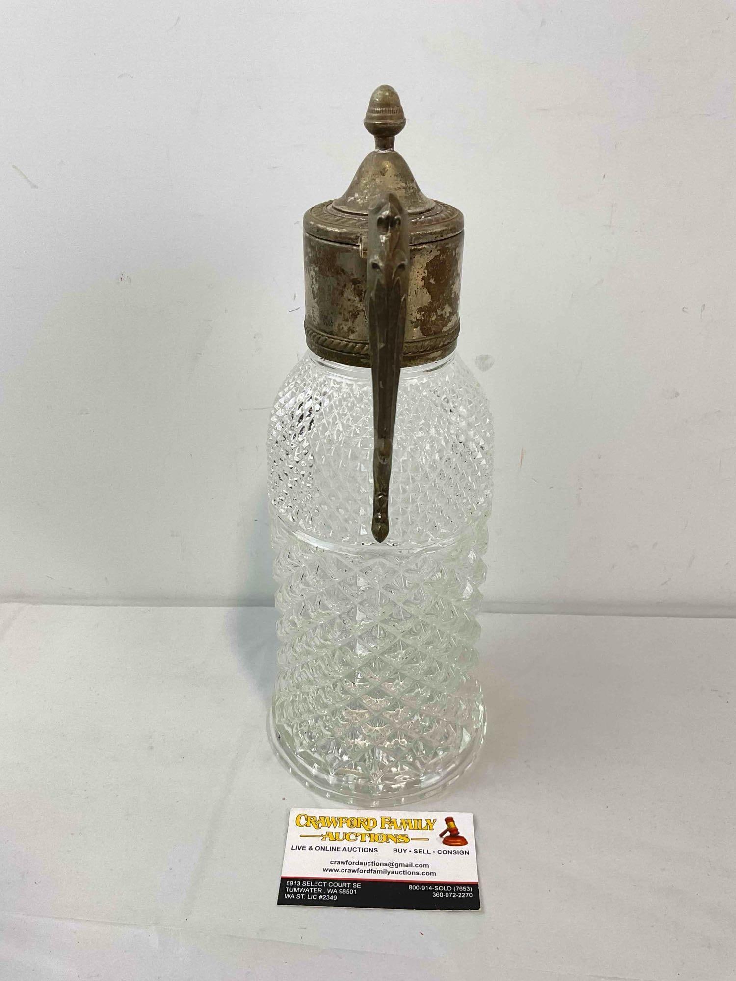 Vintage Crystal Glass Carafe Pitcher w/ Diamond Pattern & Silver Color Metal Lid. See pics. - 5