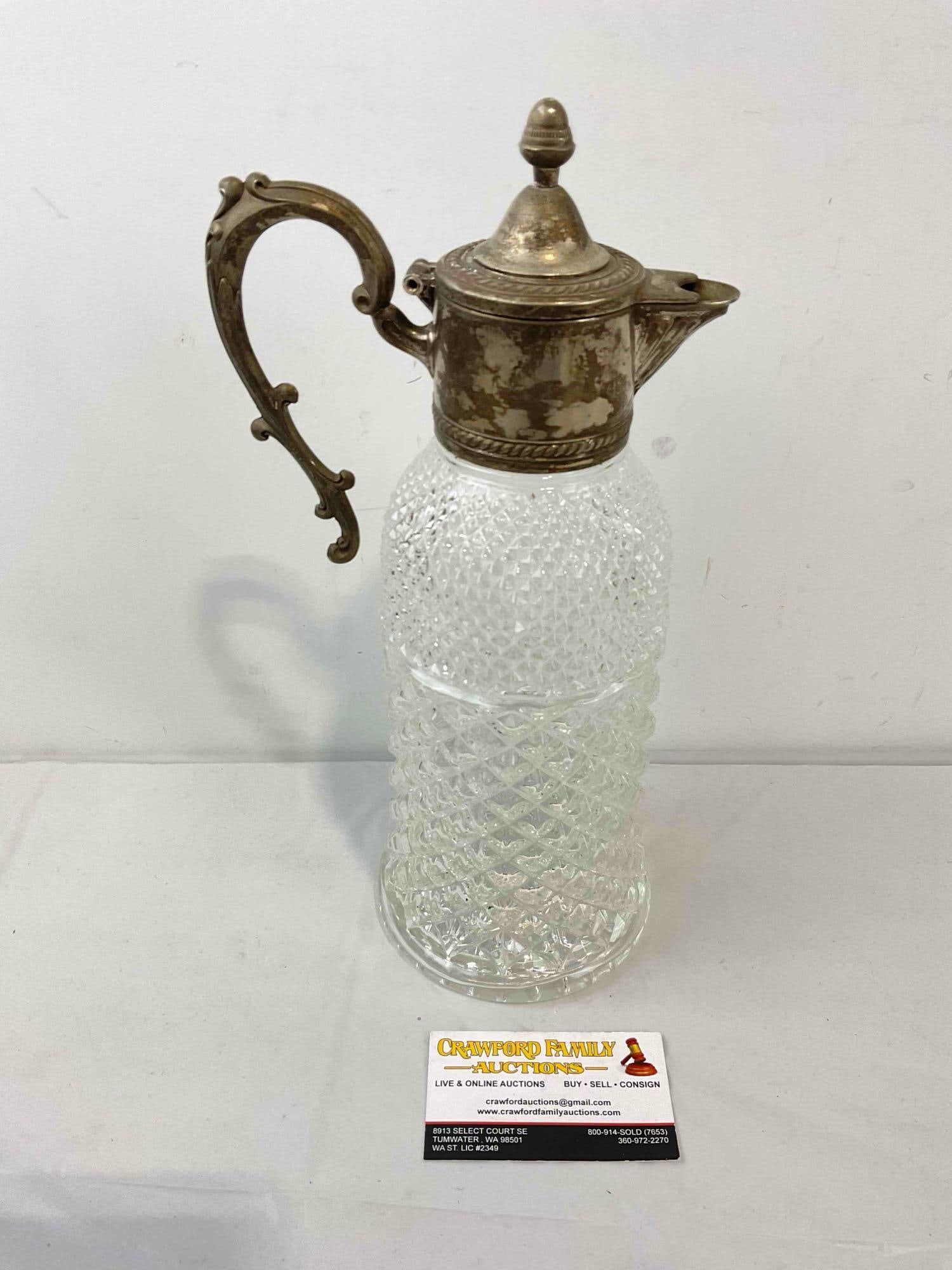 Vintage Crystal Glass Carafe Pitcher w/ Diamond Pattern & Silver Color Metal Lid. See pics. - 6