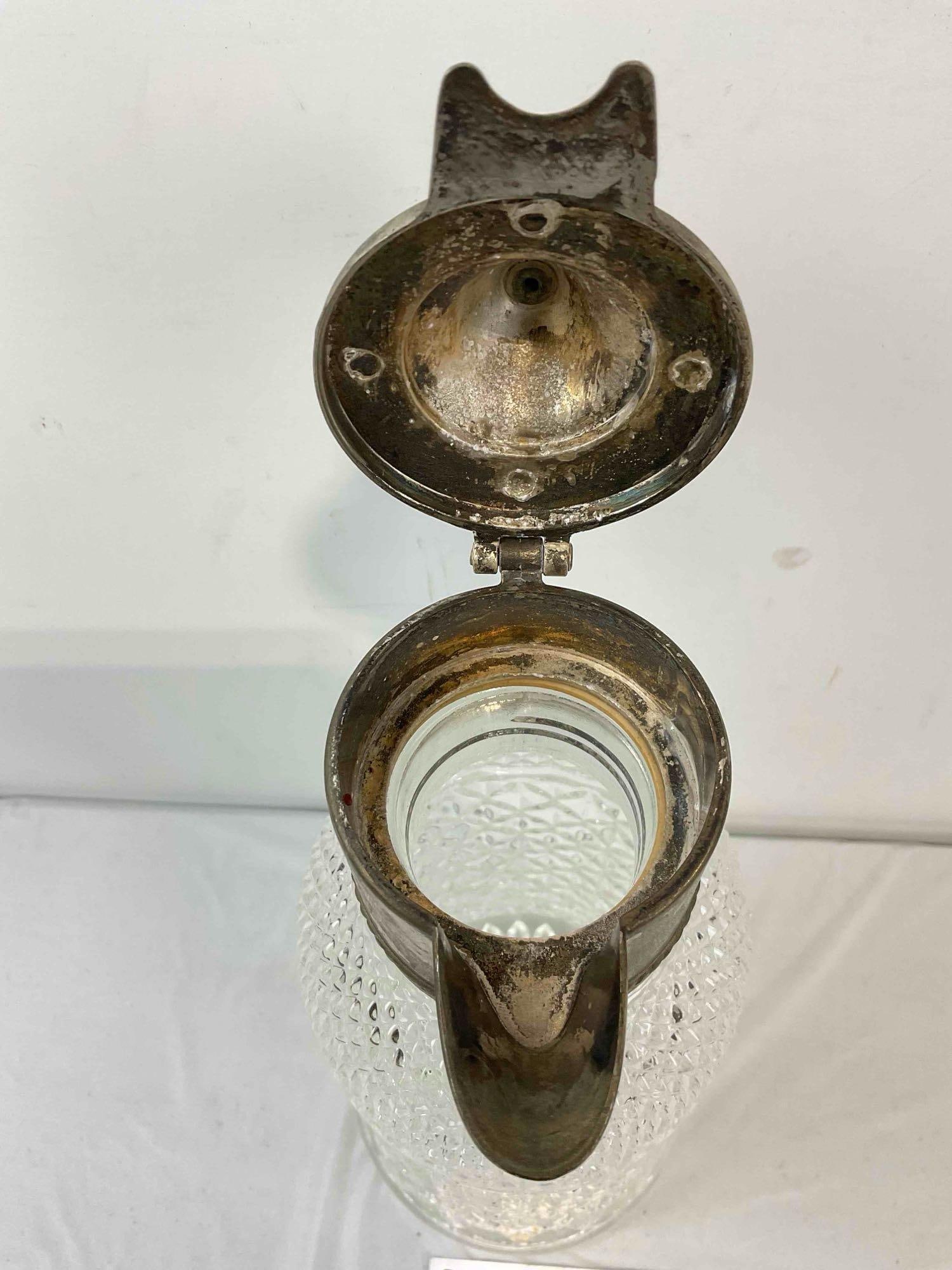 Vintage Crystal Glass Carafe Pitcher w/ Diamond Pattern & Silver Color Metal Lid. See pics. - 7