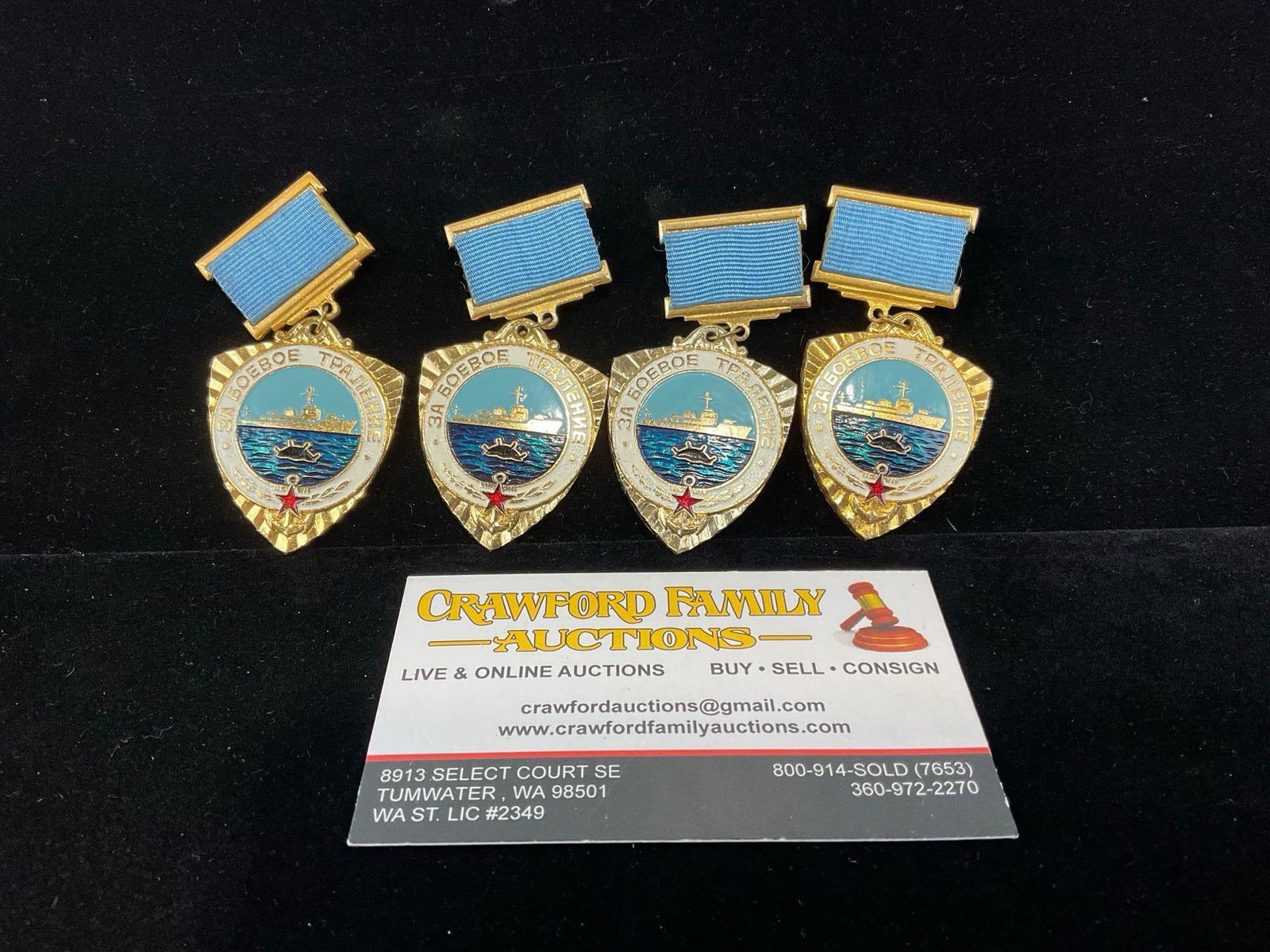 4 Soviet Navy Badges for Combat Minesweeping, 3 silver class & 1 gold class, blue ribbons: All from a single collection, these are briefly described on the tag and were kept in a display. They measure approx 6h x 3w x 2d inches. See pics. E-5300 