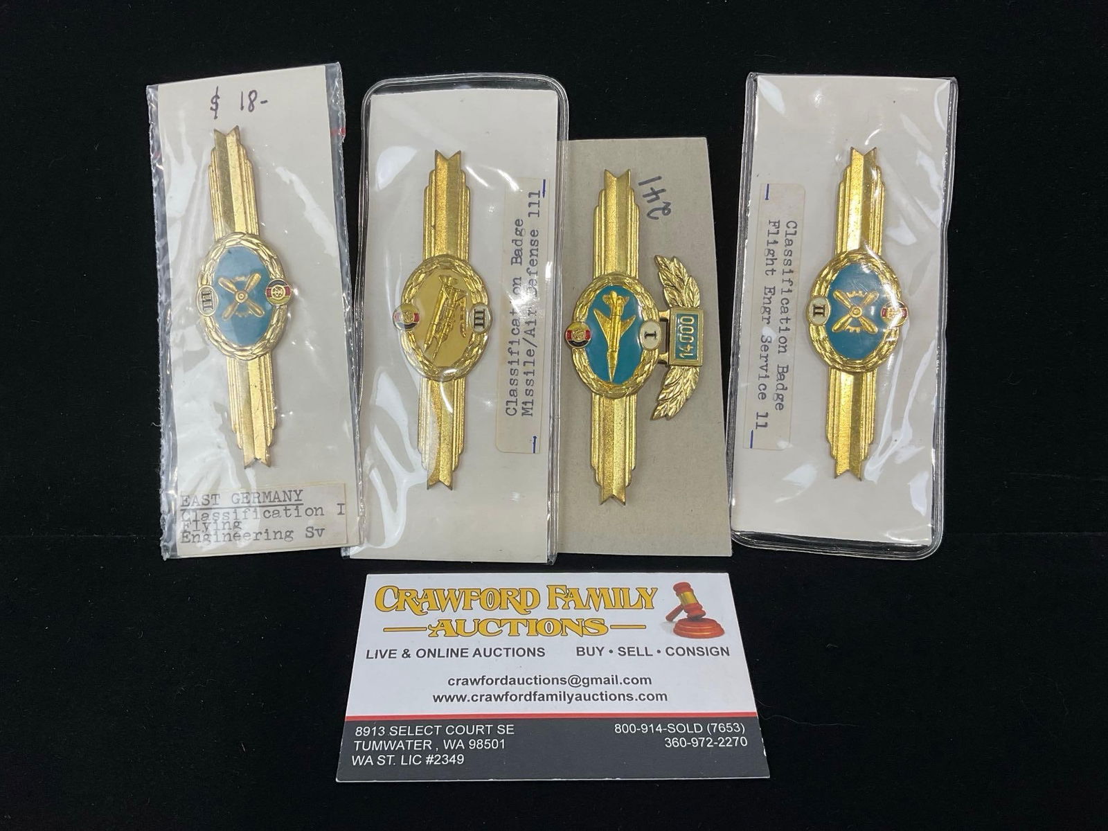 4 GDR East German Classification Badges, Missile/Air Defense & Flying Engineering Serv. 1 & 2: All from a single collection, these are briefly described on the tag and were kept in a display. They measure approx 6h x 3w x 2d inches. See pics. E-5300 