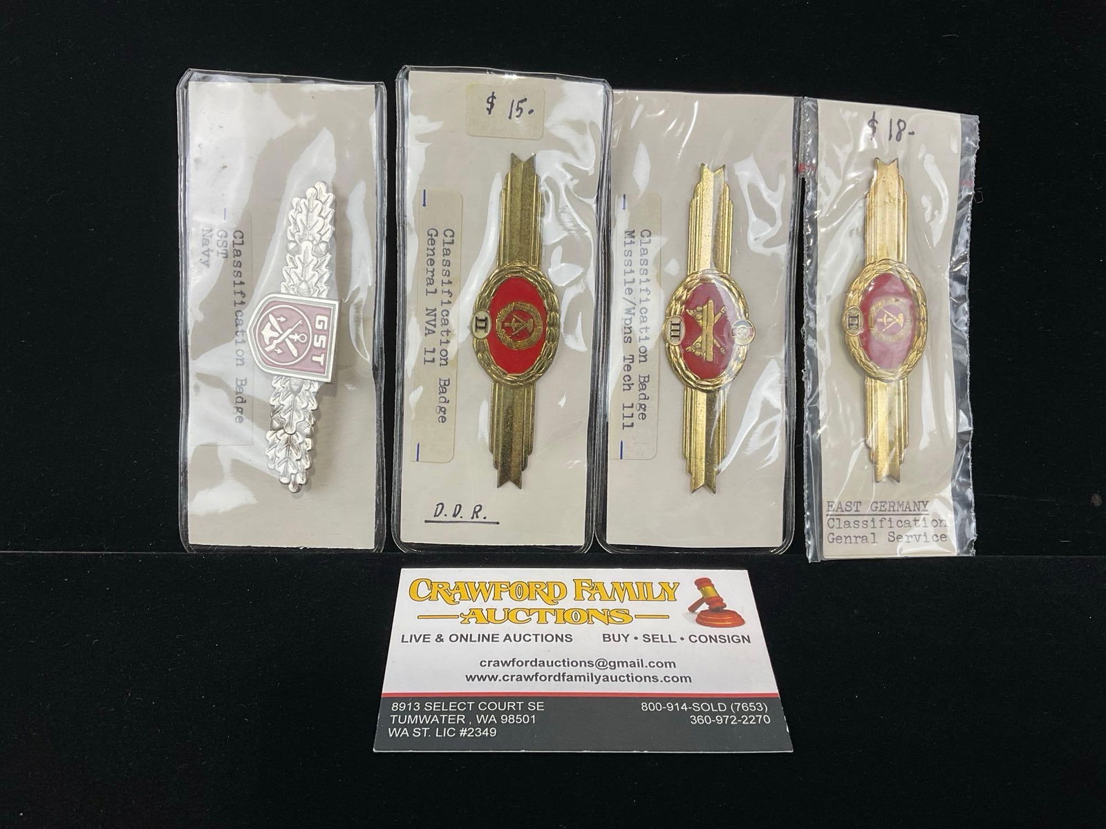 4 GDR East German Class. Badges, NVA General Class 1 & 2, Missile Weapons Tech 3, & GST Navy: All from a single collection, these are briefly described on the tag and were kept in a display. They measure approx 6h x 3w x 2d inches. See pics. E-5300 
