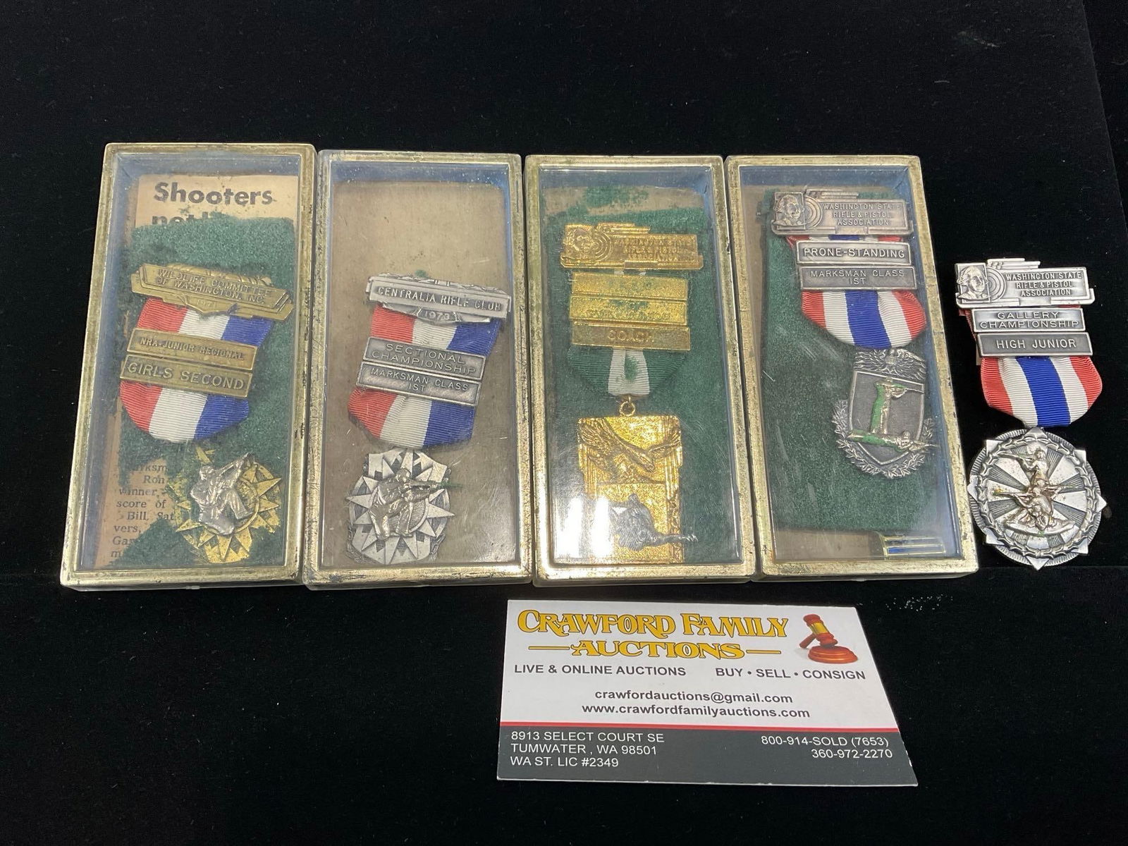 5 1970s Washington State Marksman Awards, Centralia Club, Coach, WSRPA: All from a single collection, these are briefly described on the tag and were kept in a display. They measure approx 6h x 3w x 2d inches. See pics. E-5300