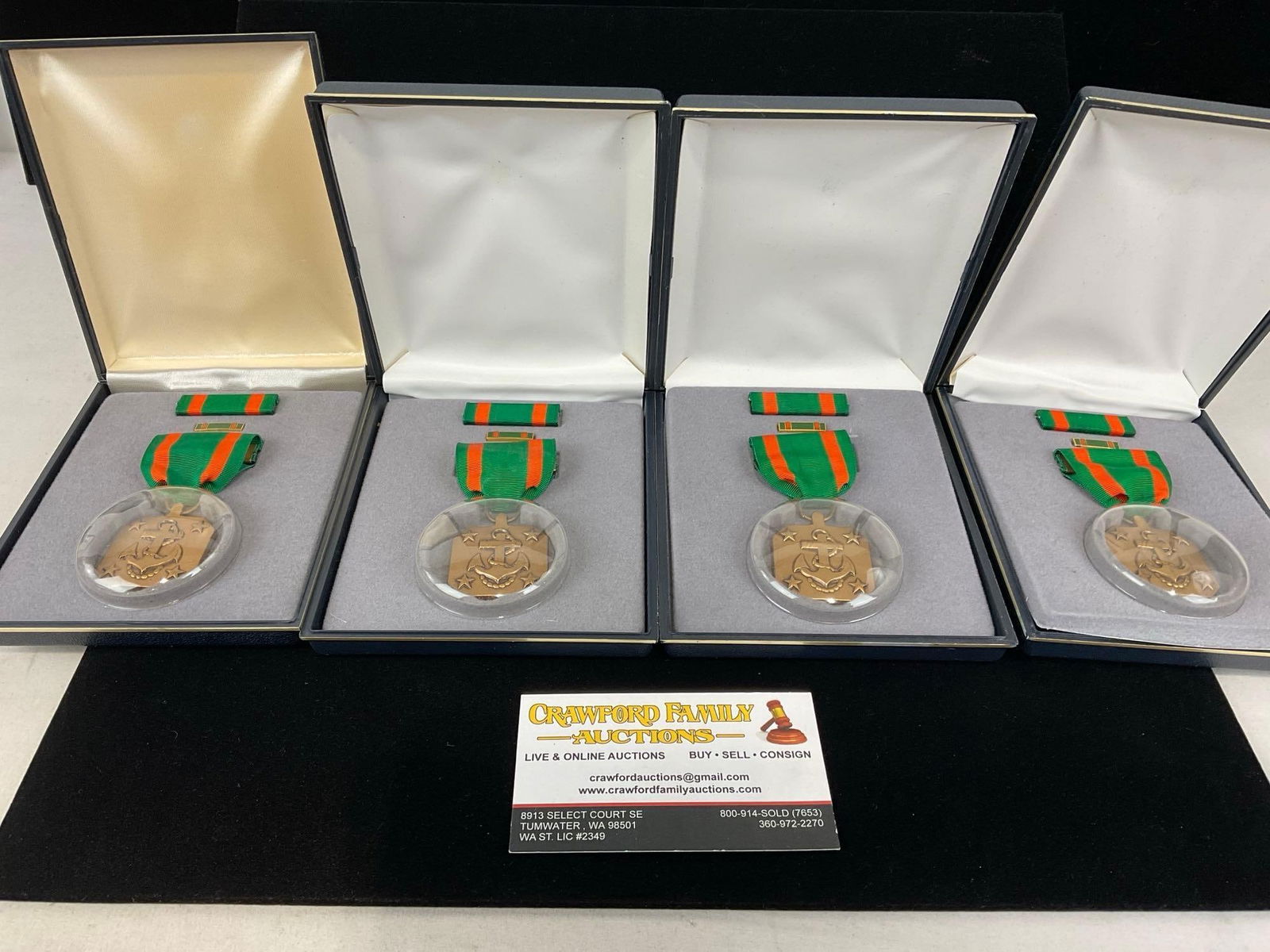 4x US Navy & Marine Corps Achievement Medals w/ cases, Green & Orange Ribbons: All from a single collection, these are briefly described on the tag and were kept in a display. They measure approx 6h x 3w x 2d inches. See pics. E-5300 