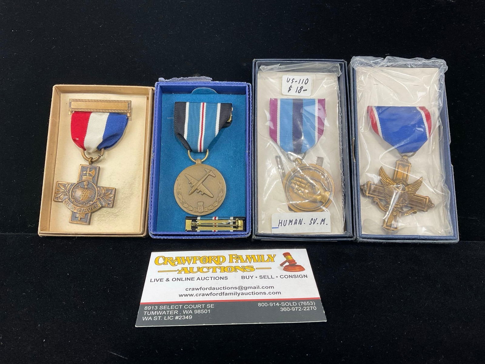 4 US Medals, WW1 New Haven Mothers Serv, Medal for Humane Action, Human. Serv & Disting. Serv. Cr...: All from a single collection, these are briefly described on the tag and were kept in a display. They measure approx 6h x 3w x 2d inches. See pics. E-5300 
