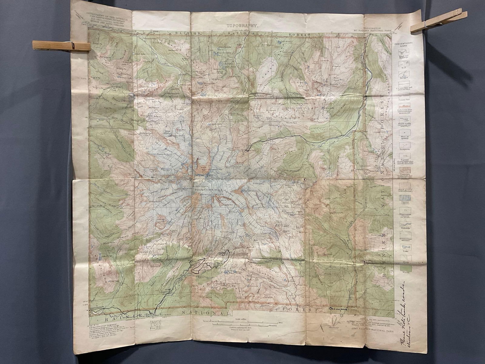 Antique 1920s Topographical Map, Washington Mt. Rainier National Park 23h x 24w inches: Appears to be in good shape. The piece folds up neatly, and measures approx 7h x 5w x 2d inches. See pics. E-5360 