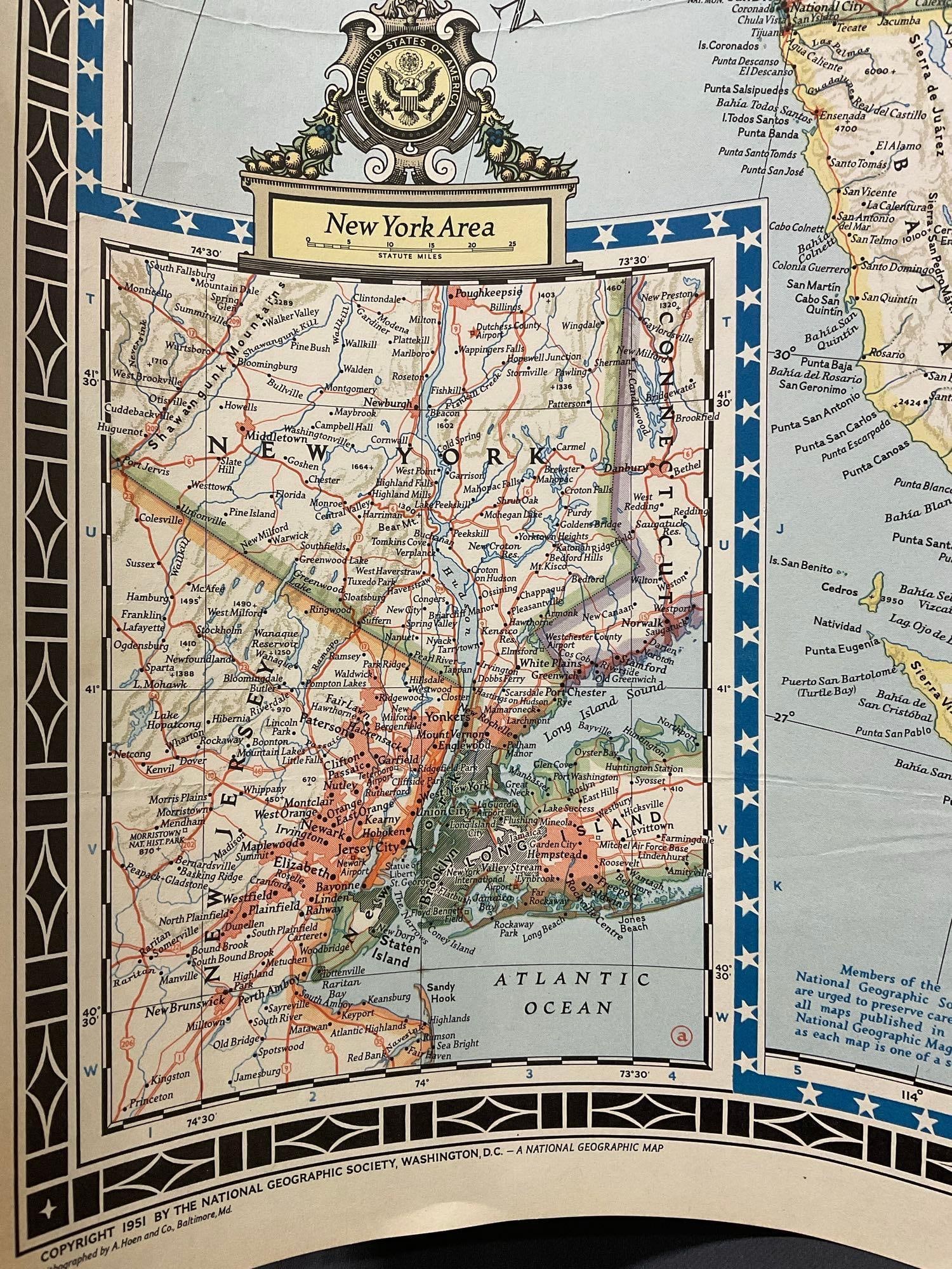 Vintage 1951 Map of the United States of America, The National Geographic Magazine, approx 60 x 30 - 6