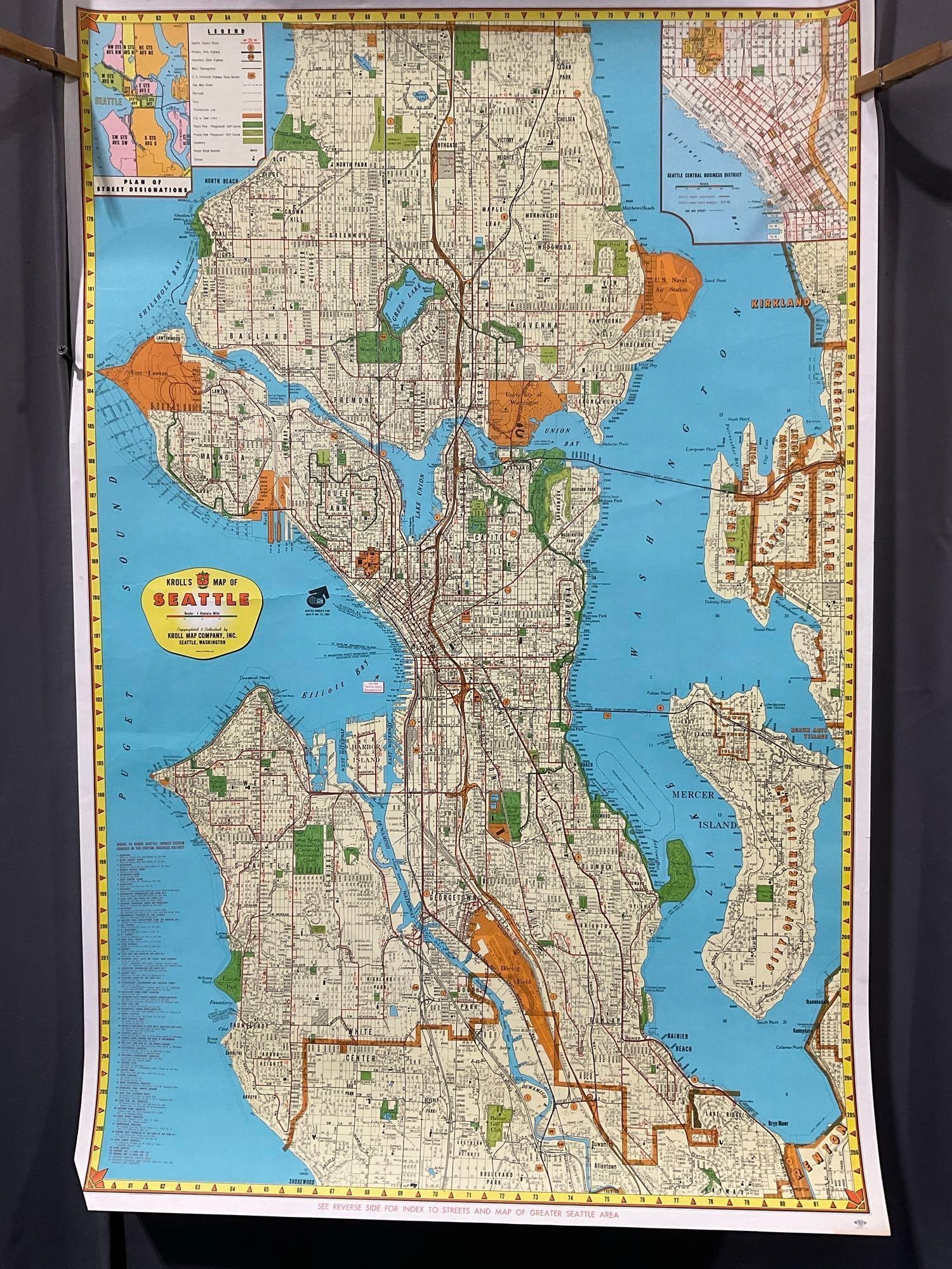 Vintage Knolls Map of Seattle, WA, 1960s, approx 52 x 26 inches: Appears to be in good shape. The piece measures approx 26h x 3w x 3d inches. See pics. E-5360 