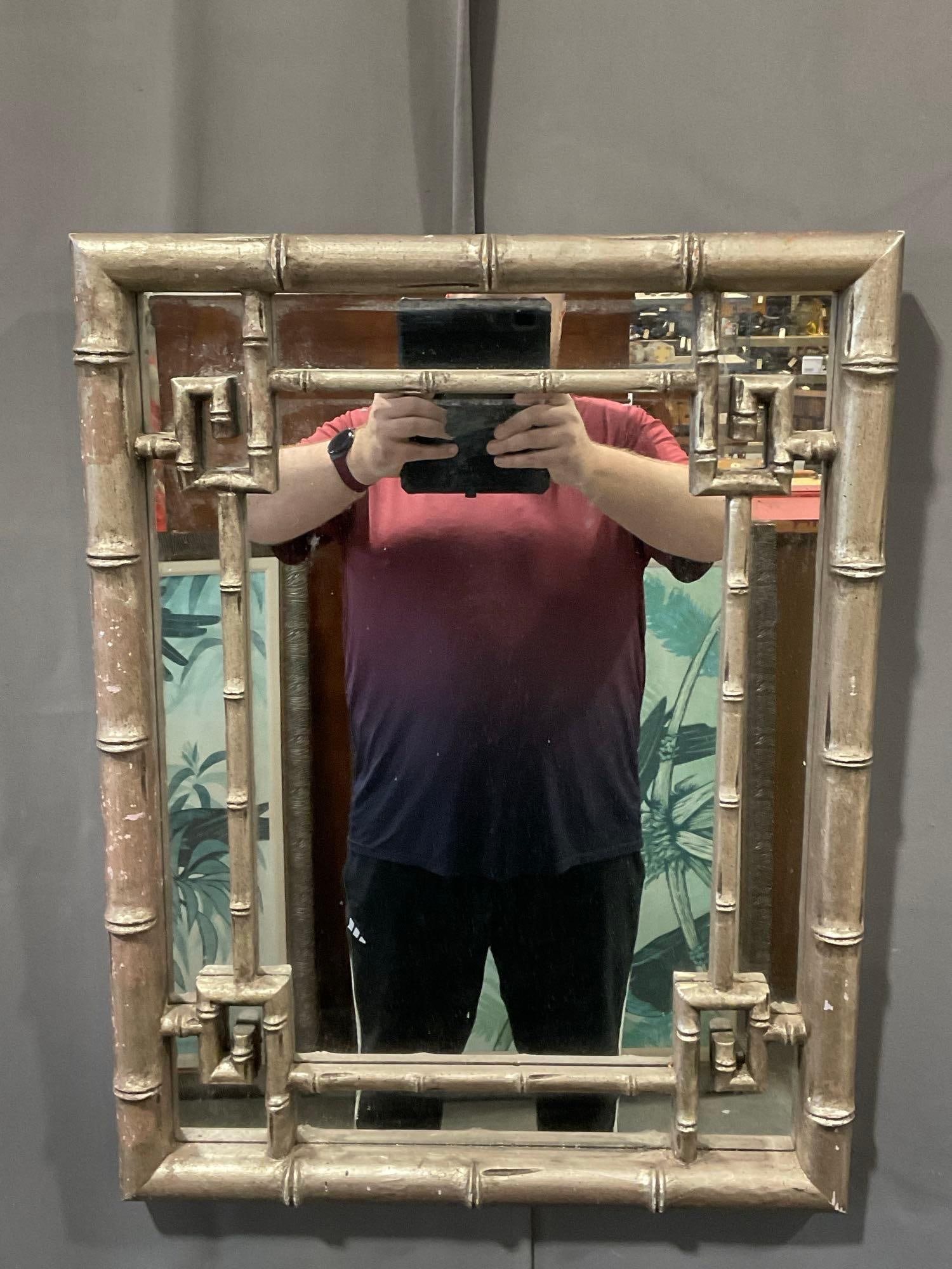 Vintage Bamboo Style Wooden Framed Mirror, 27h x 21w inches: *No in-house shipping, fragile* Appears to be in good shape. The piece measures approx 27h x 21w x 4d inches. See pics. E-5450 *Freight Required if shipped, Buyer Arranged/Responsibility* 