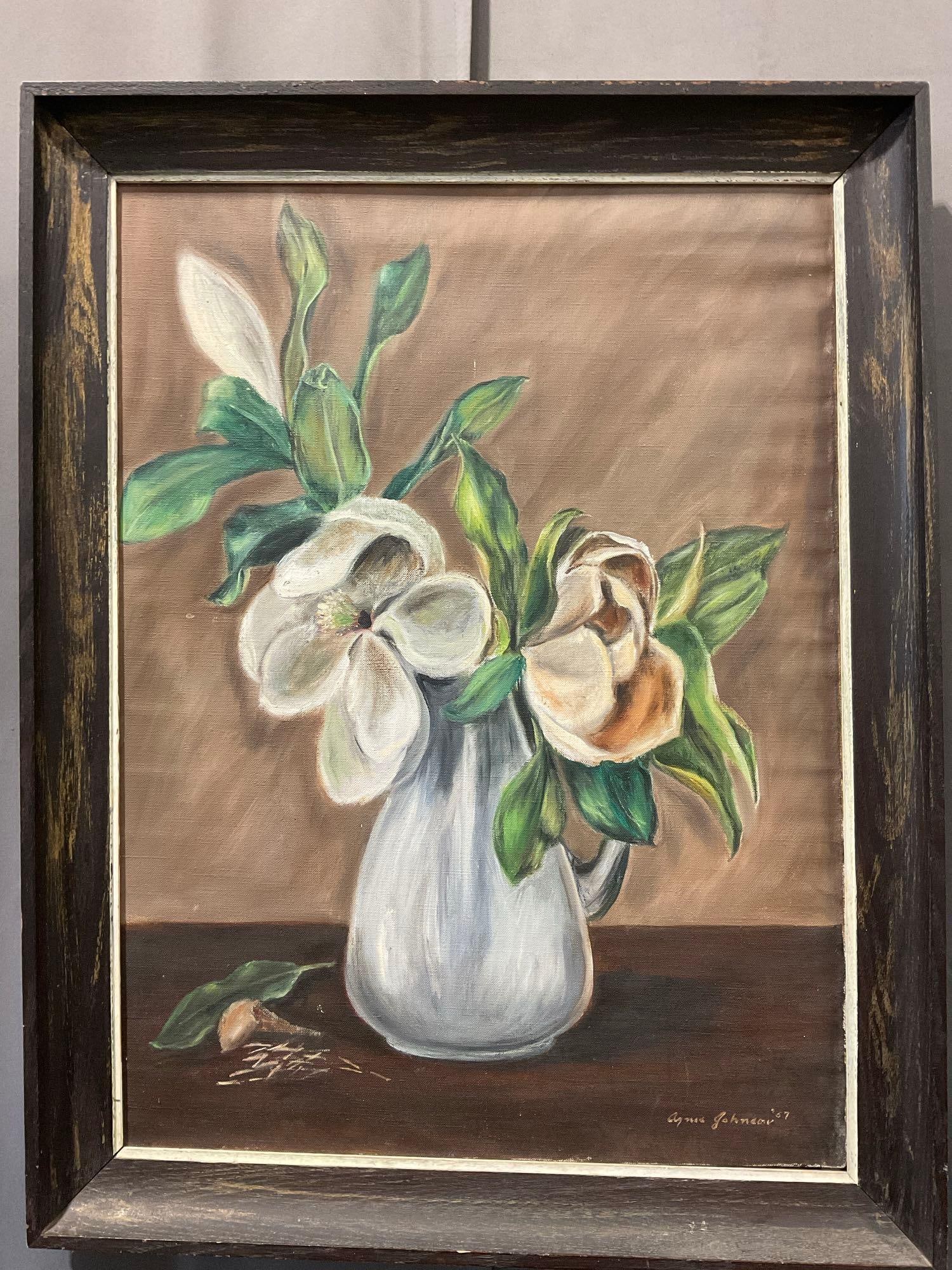 Vintage 1958 Oil on Canvas titled Magnolias by Agnes Johnson 32x25 inches, old fashioned still life: Appears to be in good shape. The piece measures approx 32h x 25w x 4d inches. See pics. E-5450 