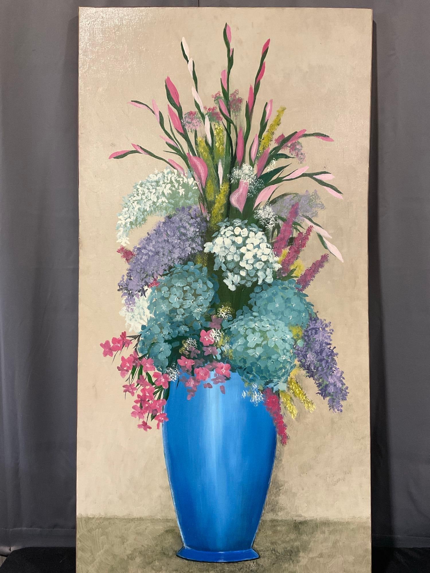 Vintage 1970s Lovely Planter w/ many flowers, oil on canvas by R. Sigler, 53x27 inches: Appears to be in good shape. The piece measures approx 53h x 27w x 3d inches. See pics. E-5450 *Freight Required if shipped, Buyer Arranged/Responsibility* 