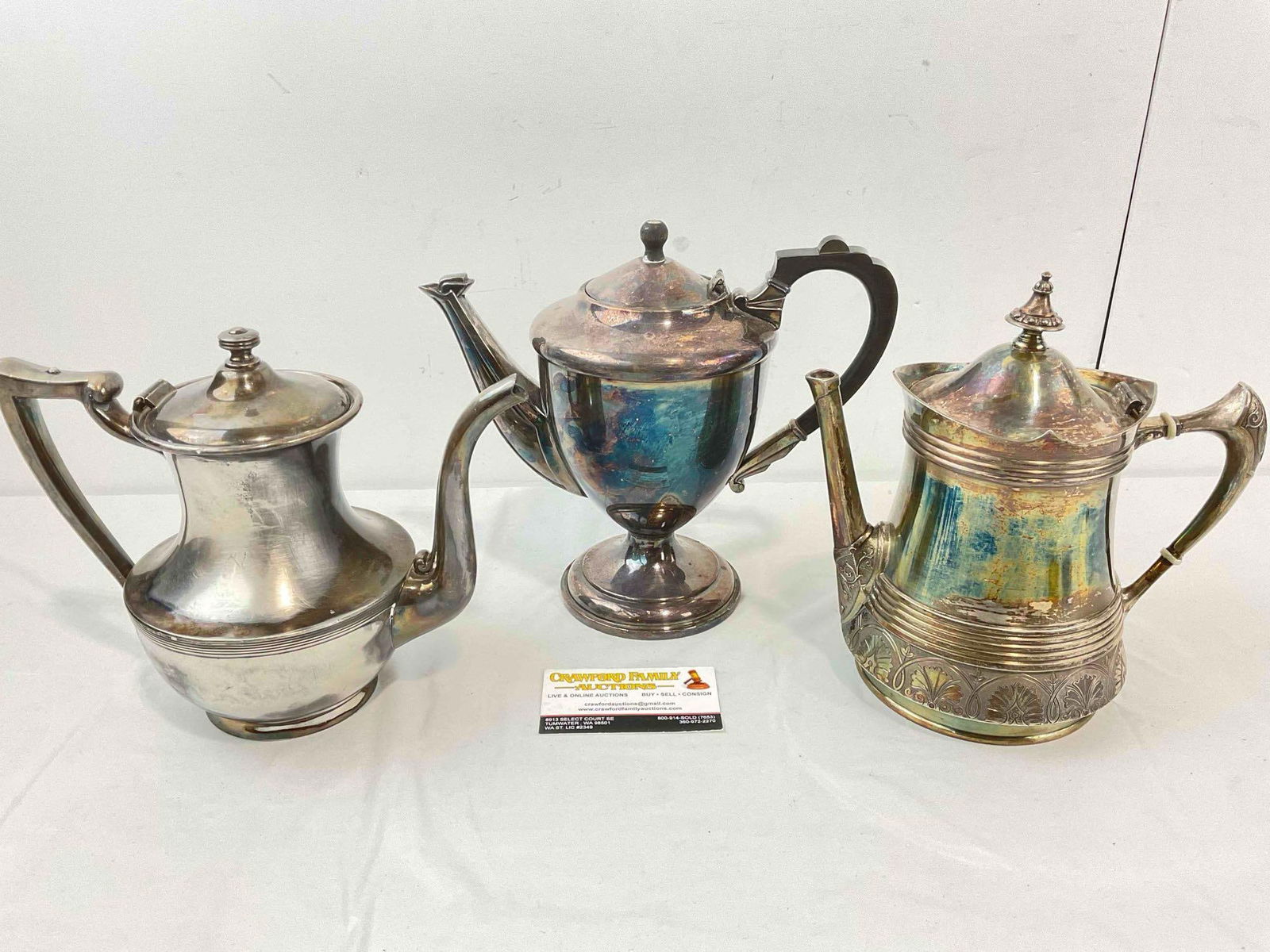 3 pcs Vintage Silver Plated Tea Pots, incl. F. P. Copper & Poole Silver Co. Very Good Condition. (1 of 11)