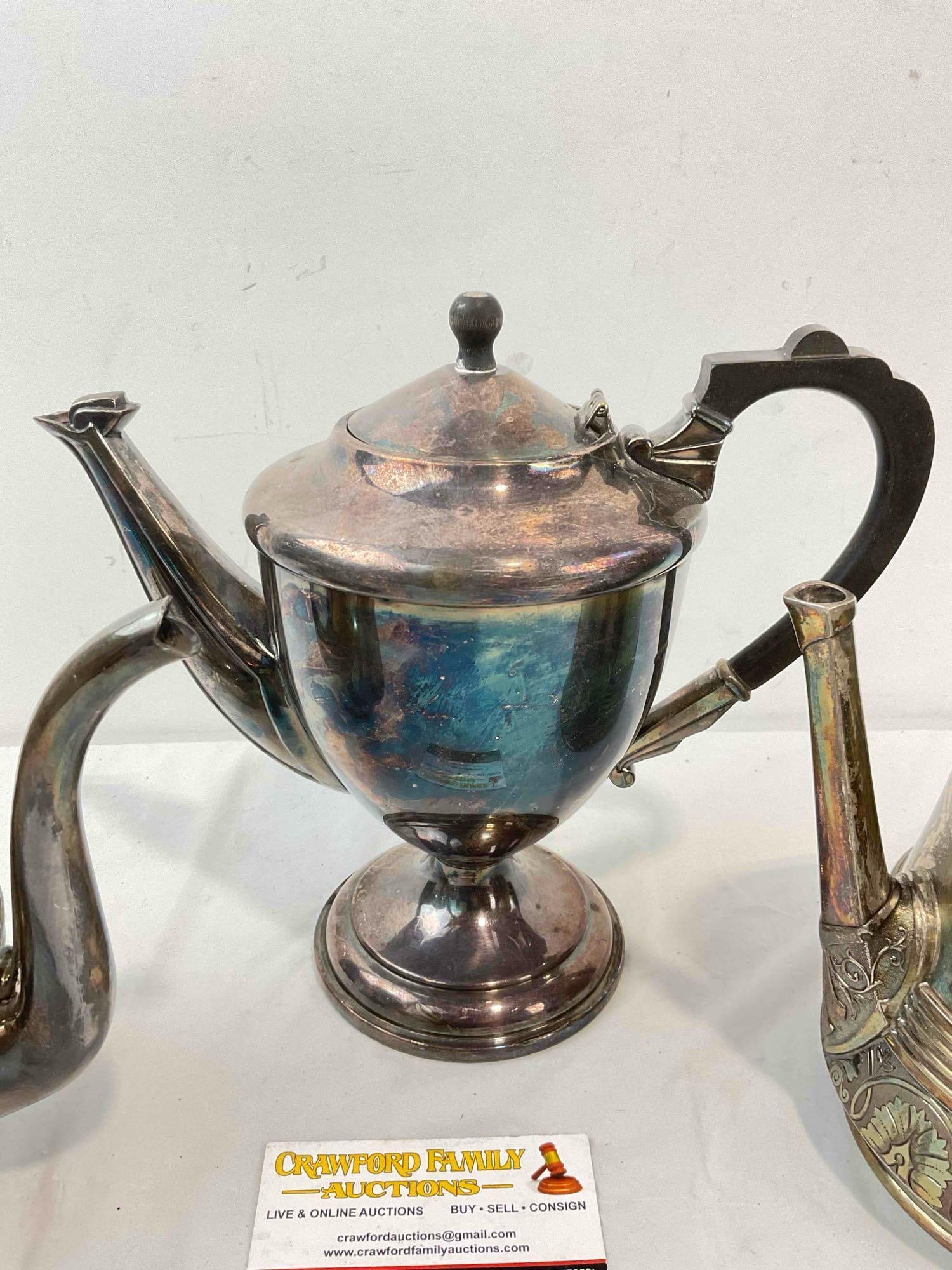 3 pcs Vintage Silver Plated Tea Pots, incl. F. P. Copper & Poole Silver Co. Very Good Condition. - 2