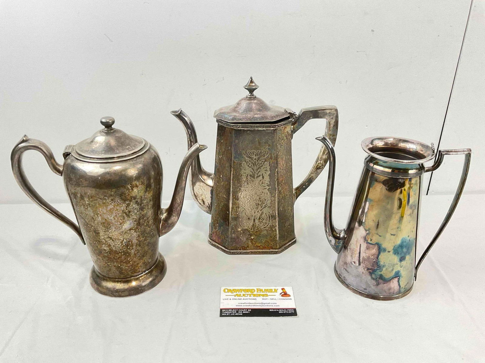 3 pcs Antique Silver Plated Tea Pots, incl. Middletown Co. & Excelsior. Good Condition. See pics. (1 of 11)