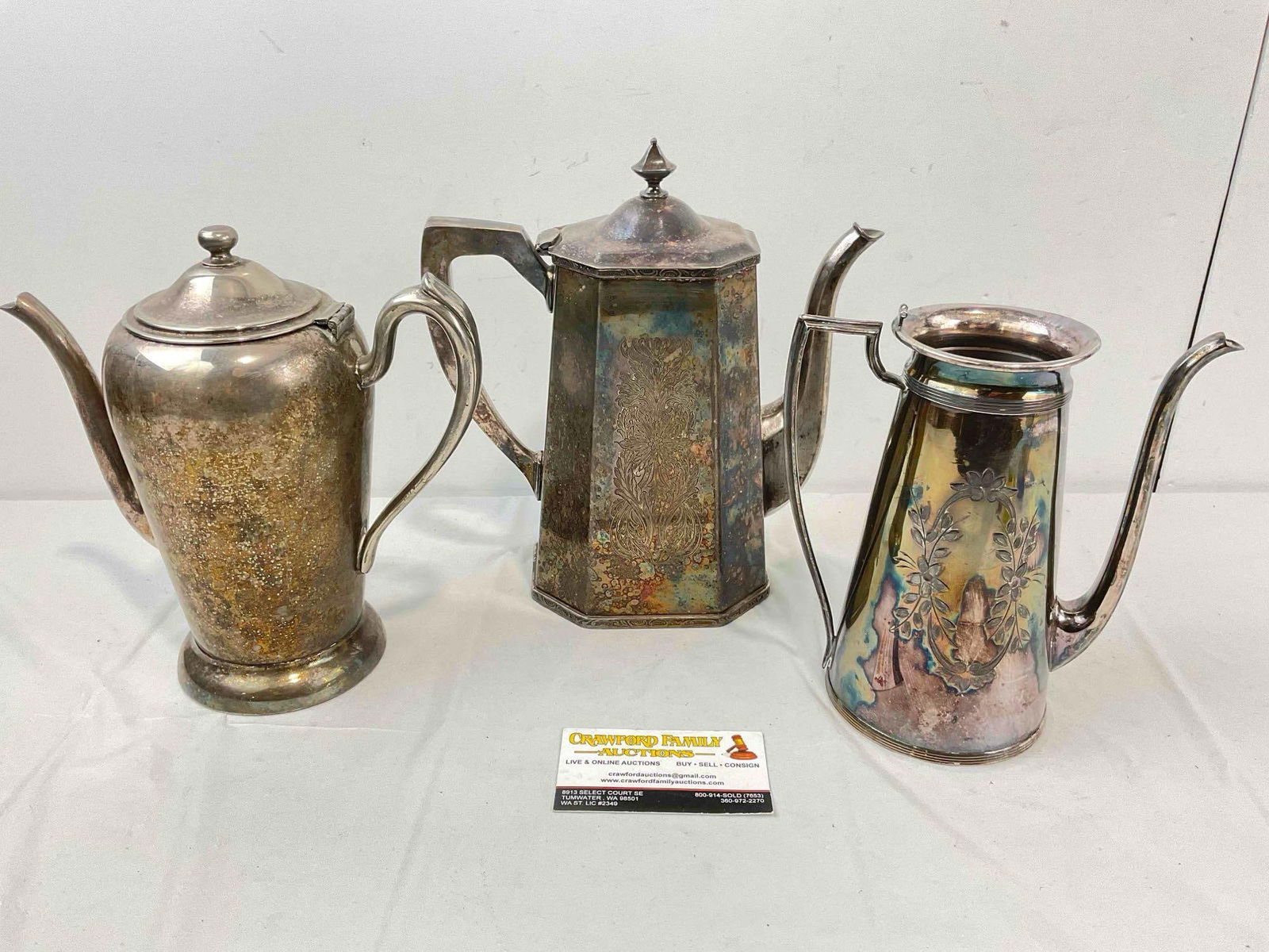 3 pcs Antique Silver Plated Tea Pots, incl. Middletown Co. & Excelsior. Good Condition. See pics. - 7