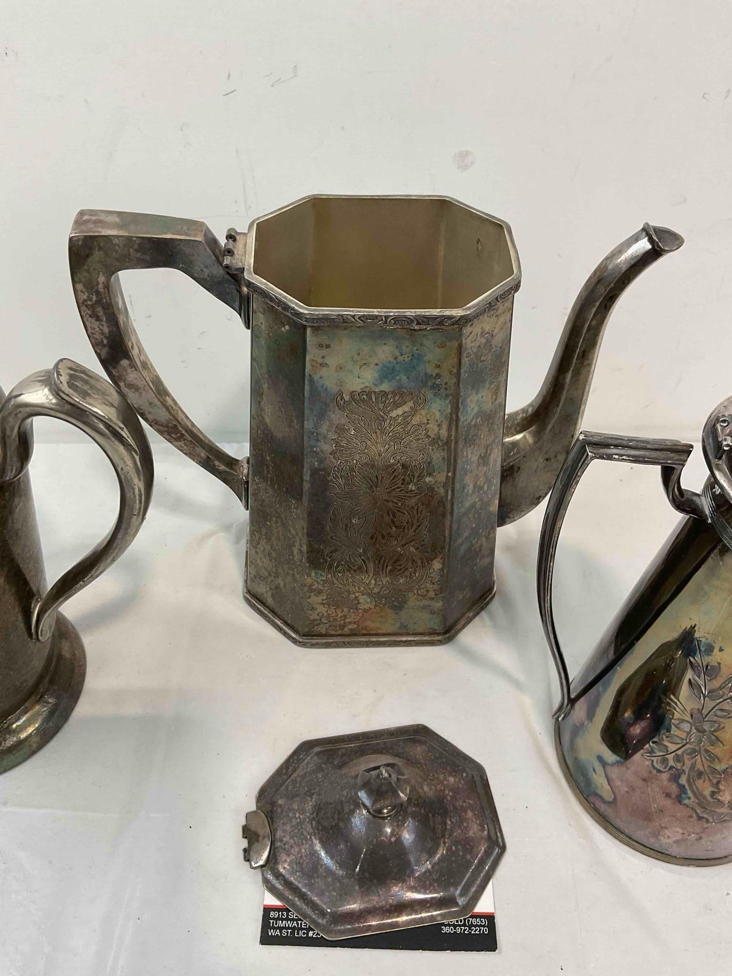3 pcs Antique Silver Plated Tea Pots, incl. Middletown Co. & Excelsior. Good Condition. See pics. - 8