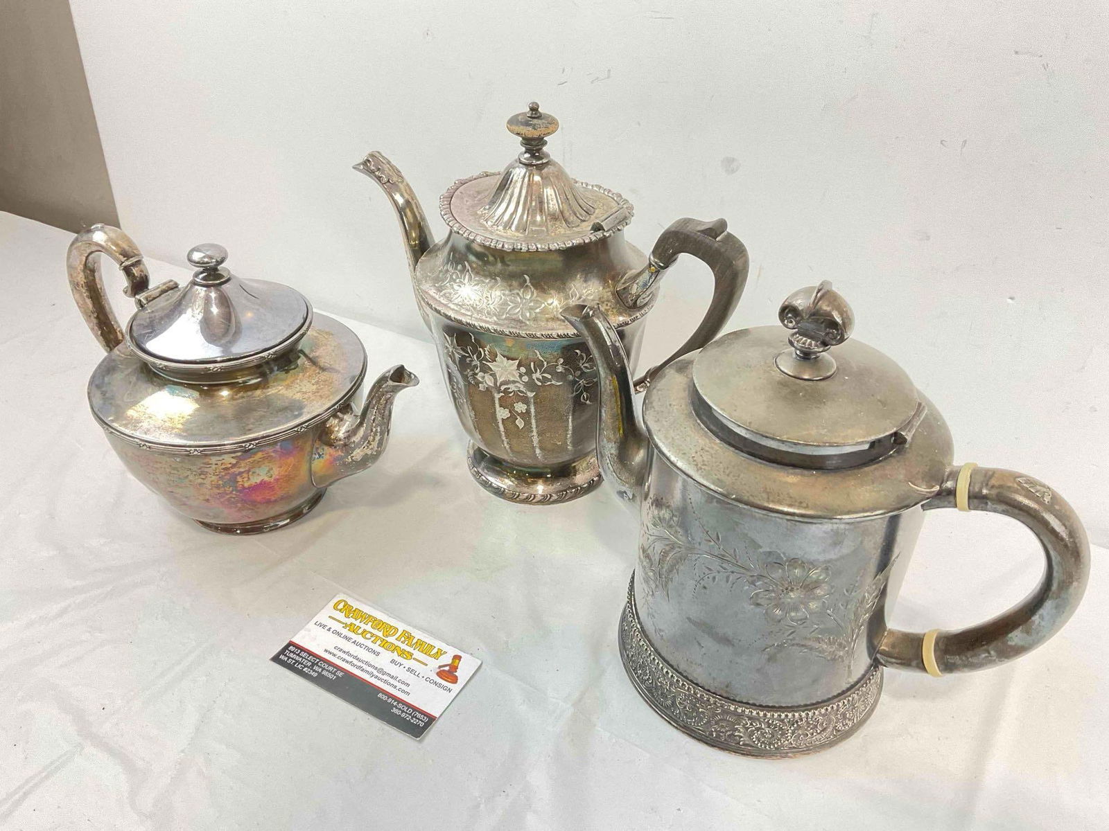 3 pcs Antique Silver Plated Tea Pots, incl. Rogers & Bro, Pairpoint & Superior. Very Good Cond. - 2