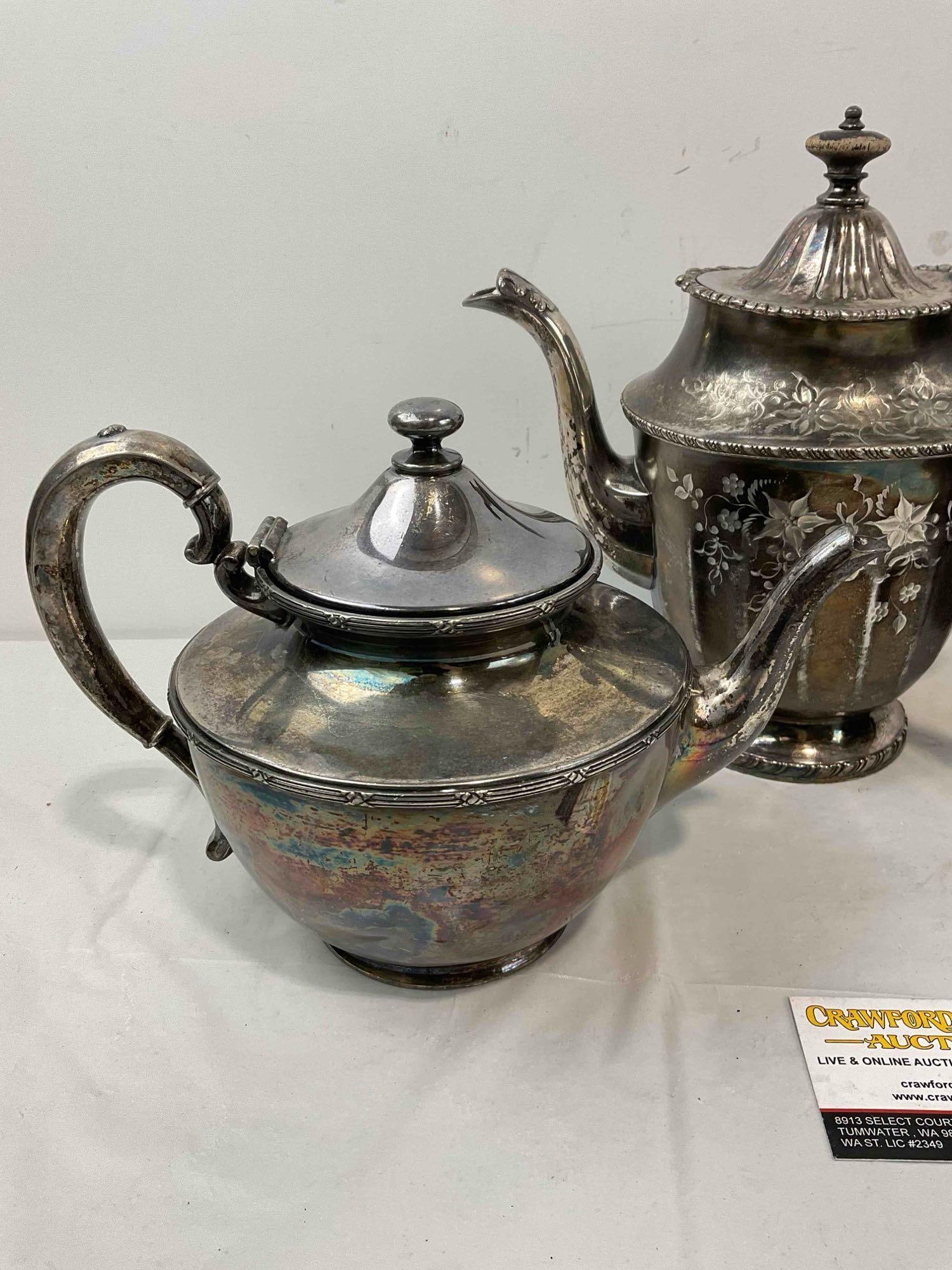 3 pcs Antique Silver Plated Tea Pots, incl. Rogers & Bro, Pairpoint & Superior. Very Good Cond. - 4