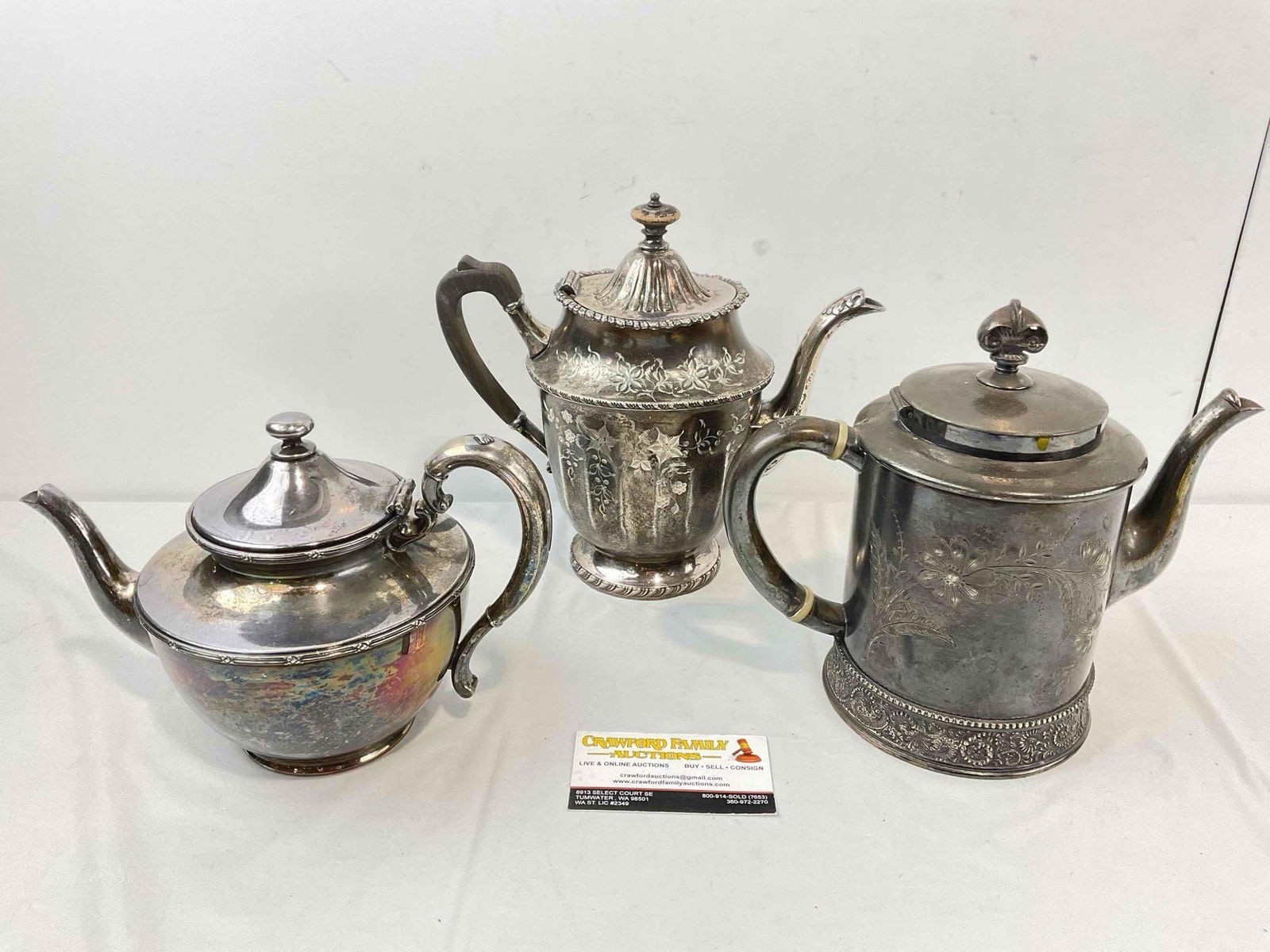 3 pcs Antique Silver Plated Tea Pots, incl. Rogers & Bro, Pairpoint & Superior. Very Good Cond. - 7