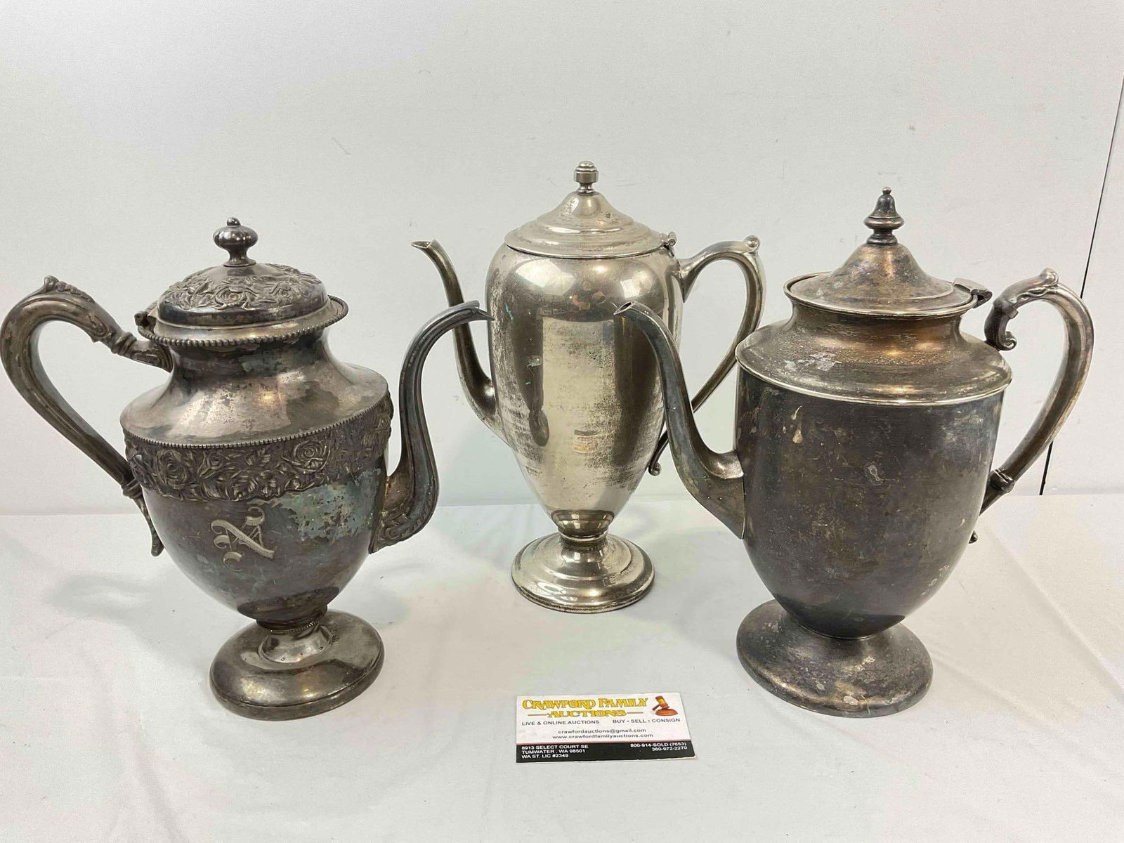 3 pcs Antique Silver Plated Tea Pots. Largest Measures 9" x 5" x 12" Very Good Condition. (1 of 10)