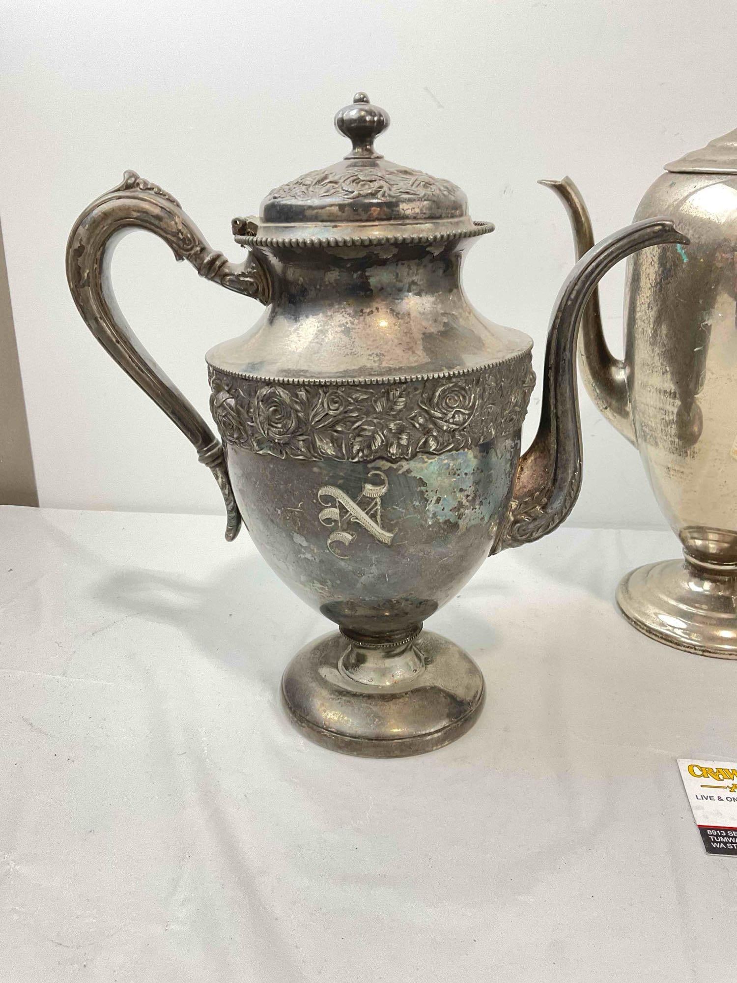 3 pcs Antique Silver Plated Tea Pots. Largest Measures 9" x 5" x 12" Very Good Condition. - 2