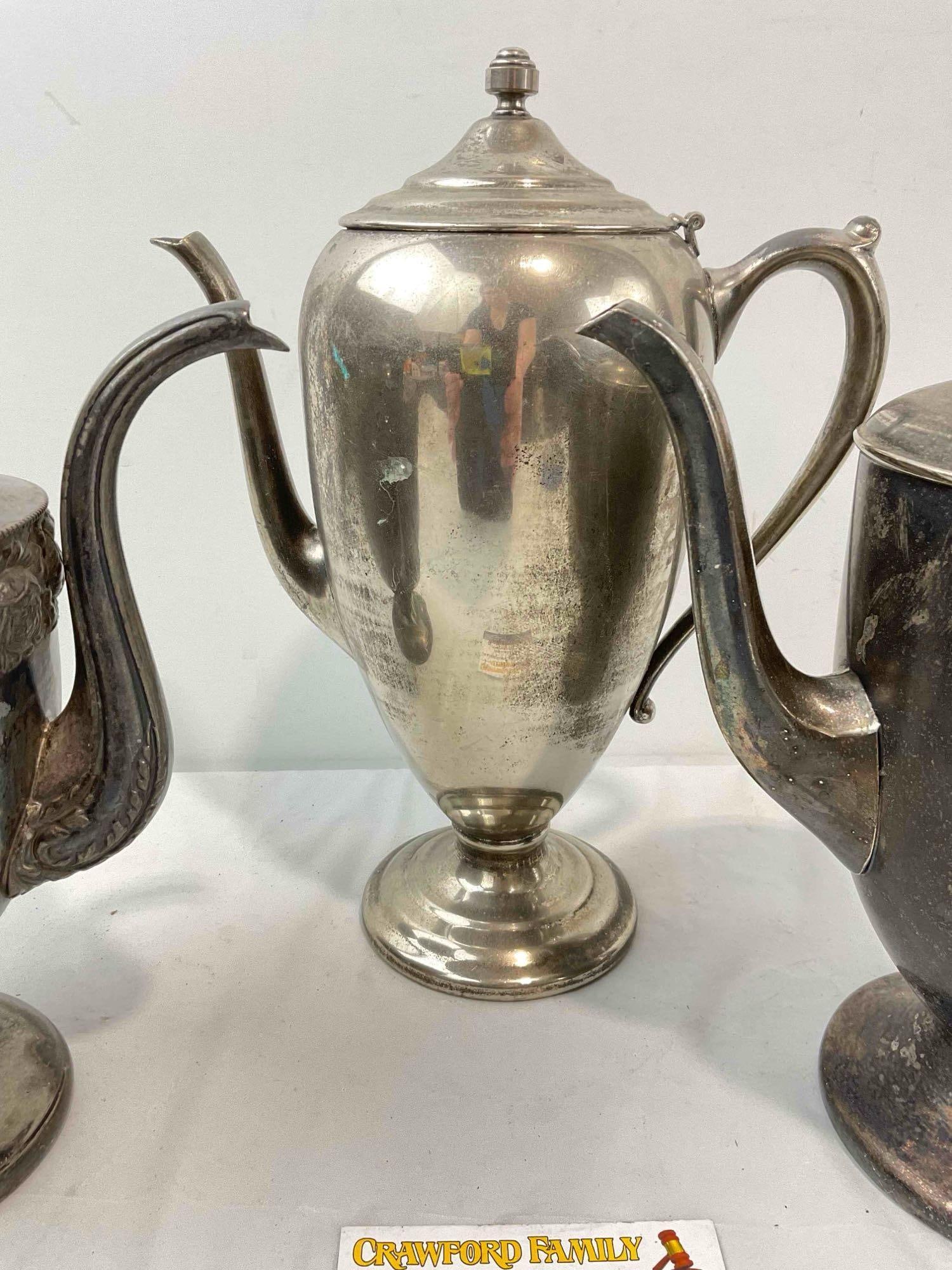 3 pcs Antique Silver Plated Tea Pots. Largest Measures 9" x 5" x 12" Very Good Condition. - 3