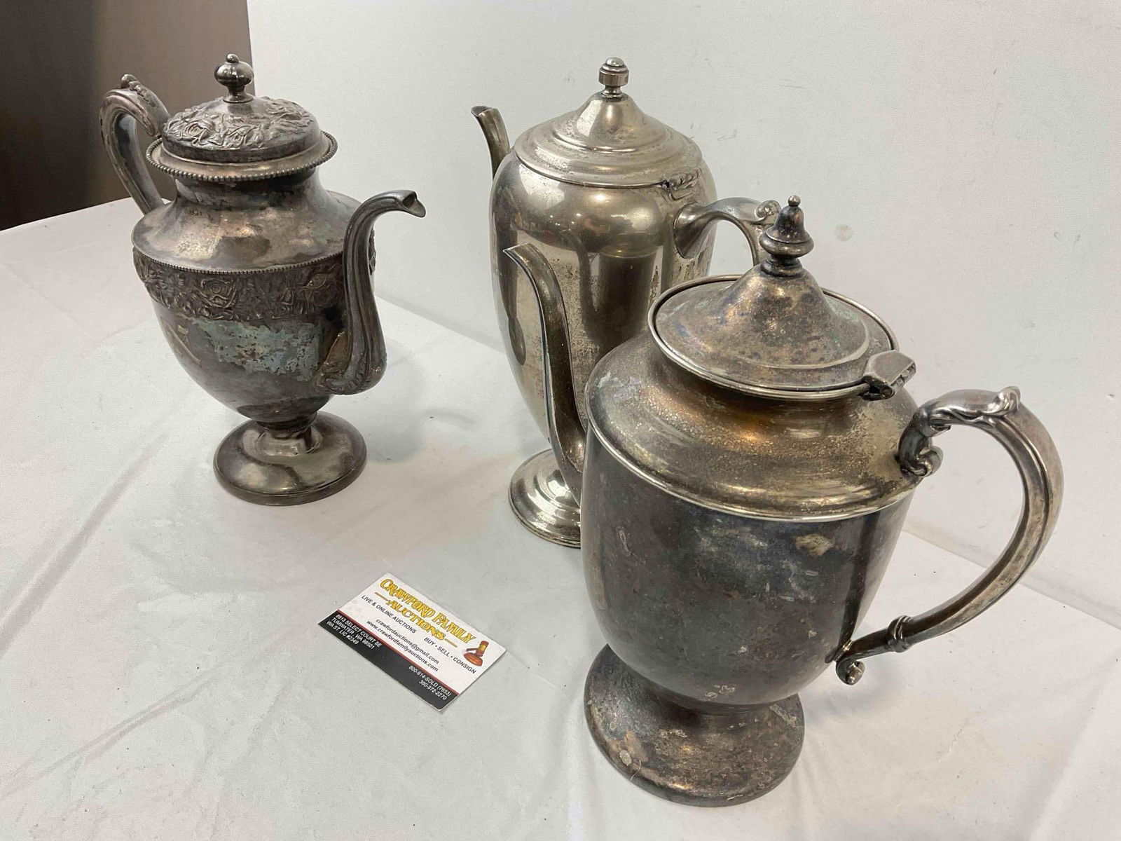 3 pcs Antique Silver Plated Tea Pots. Largest Measures 9" x 5" x 12" Very Good Condition. - 5
